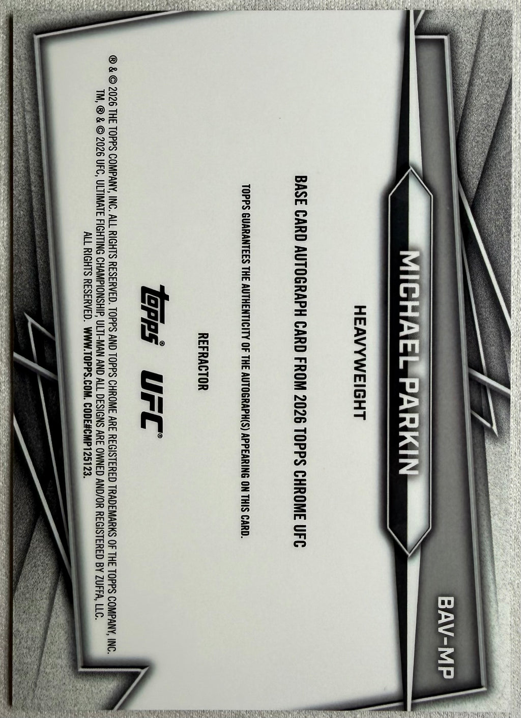 Michael Parkin 2026 Topps Chrome UFC Rookie Auto Refractor #BAV-MP
