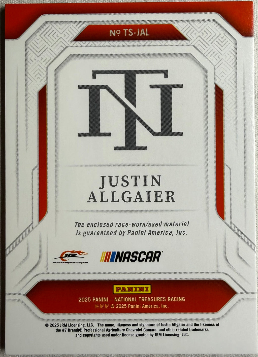 Justin Allgaier 2025 National Treasures Racing Treasured Swatches /30 #TS-JAL