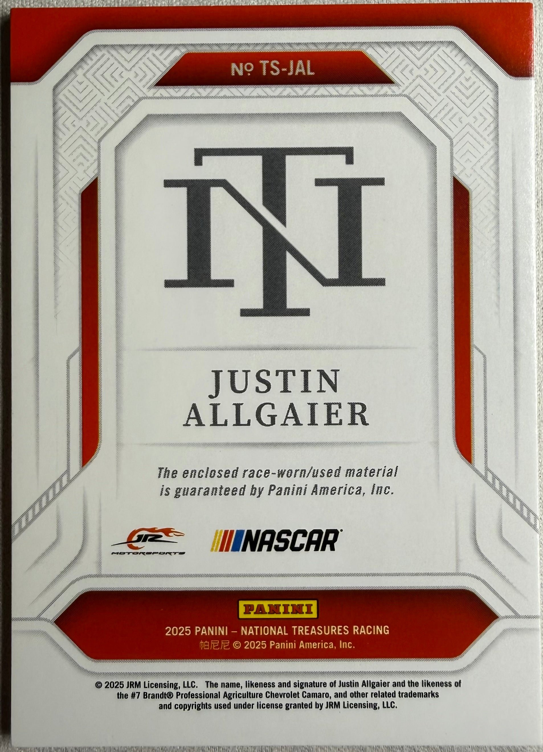 Justin Allgaier 2025 National Treasures Racing Treasured Swatches /30 #TS-JAL