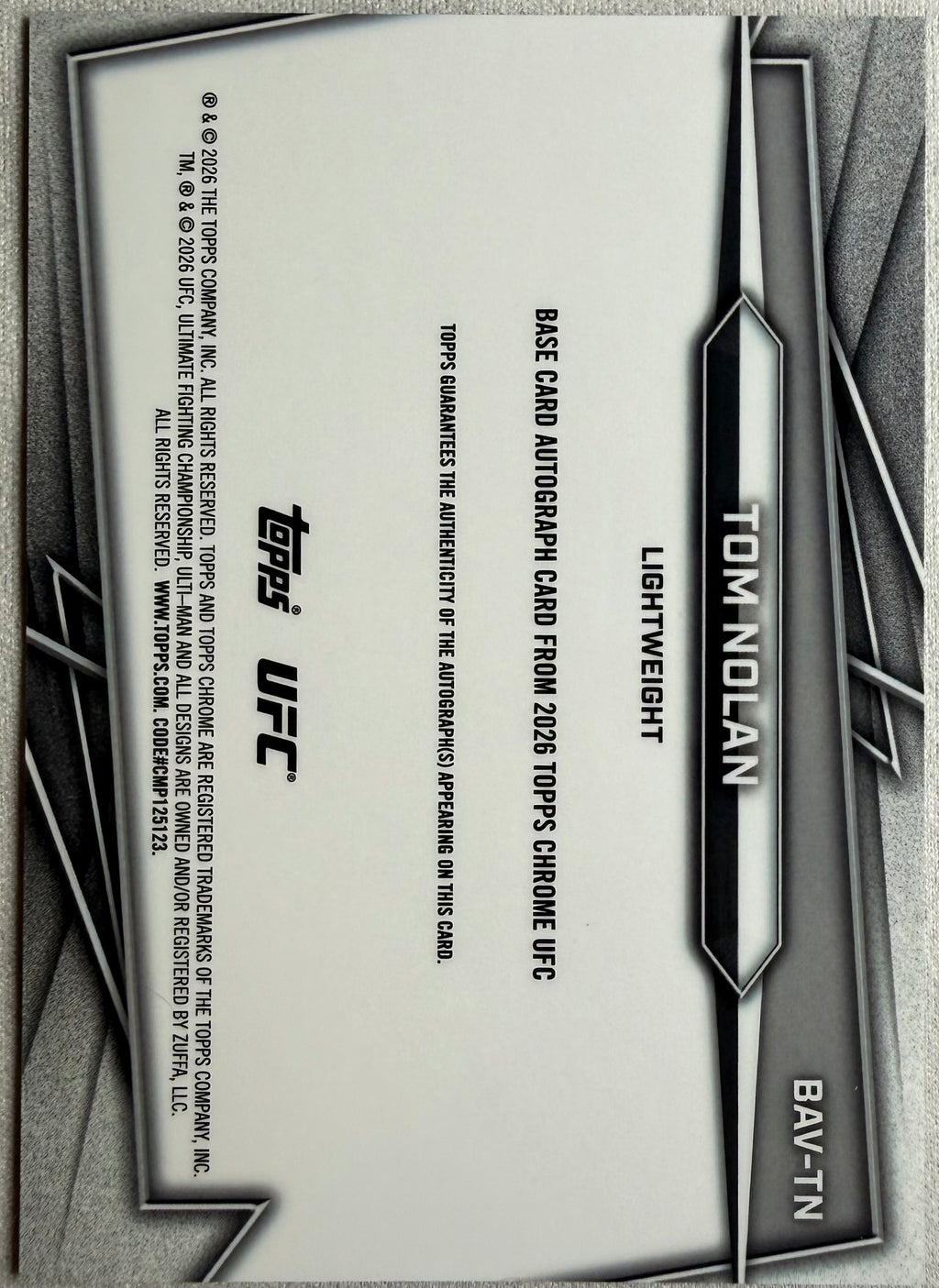 Tom Nolan 2026 Topps Chrome UFC Rookie Auto #BAV-TN