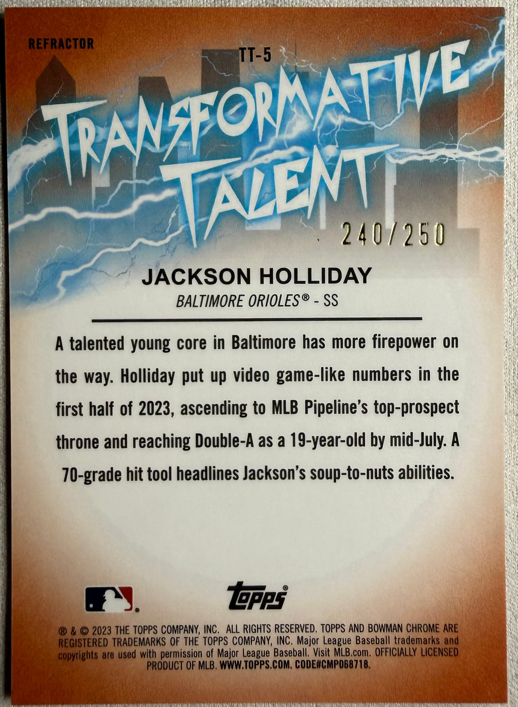 Jackson Holliday 2023 Bowman Refractor Transformative Talent /250 #TT-5
