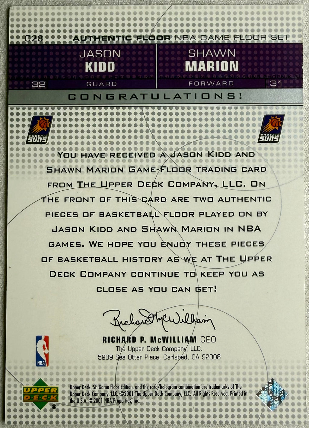 2001 Upper Deck Authentic Floor Jason Kidd Shawn Marion #C28