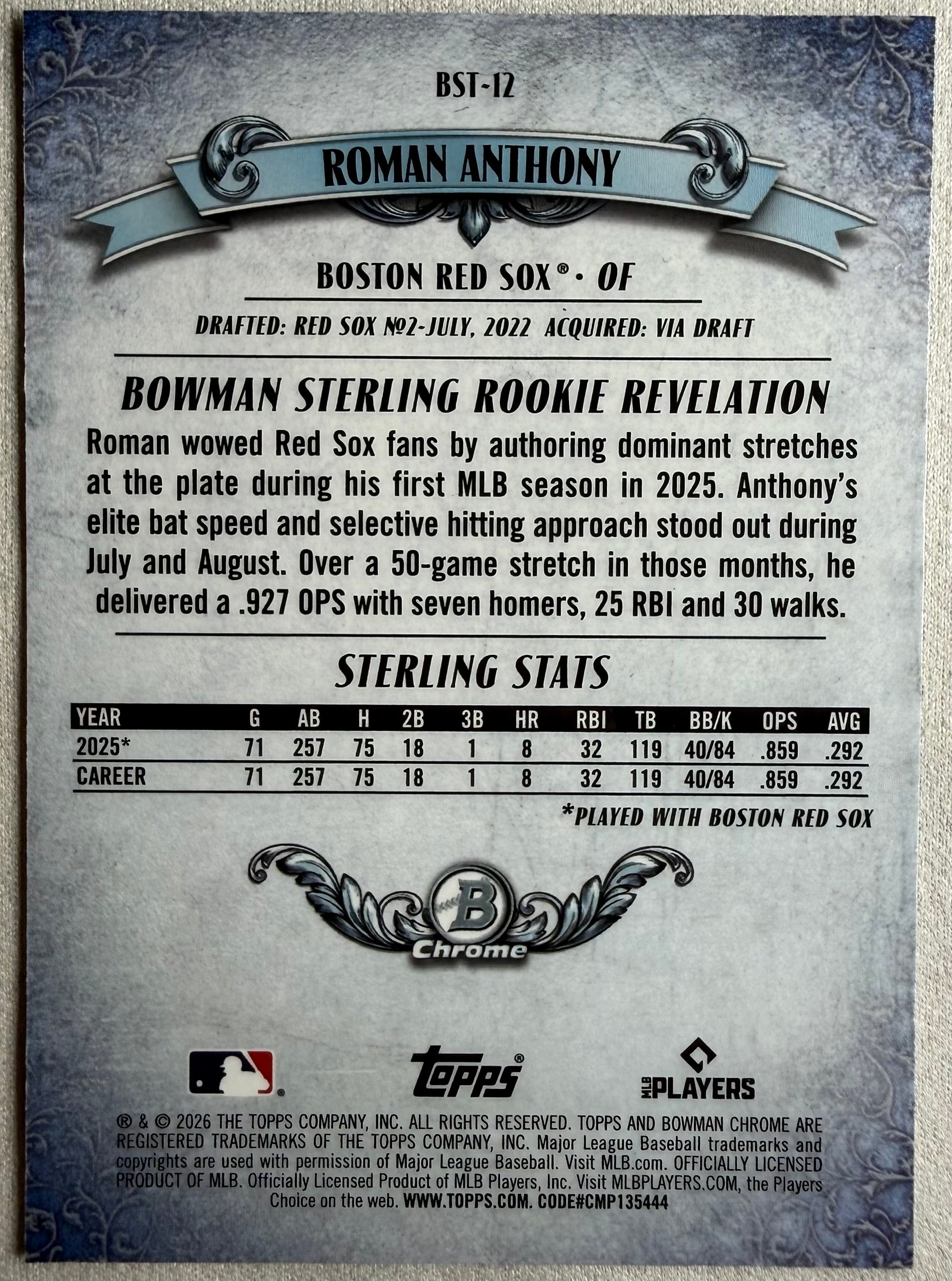 Roman Anthony 2026 Bowman Chrome Sterling #BST-12