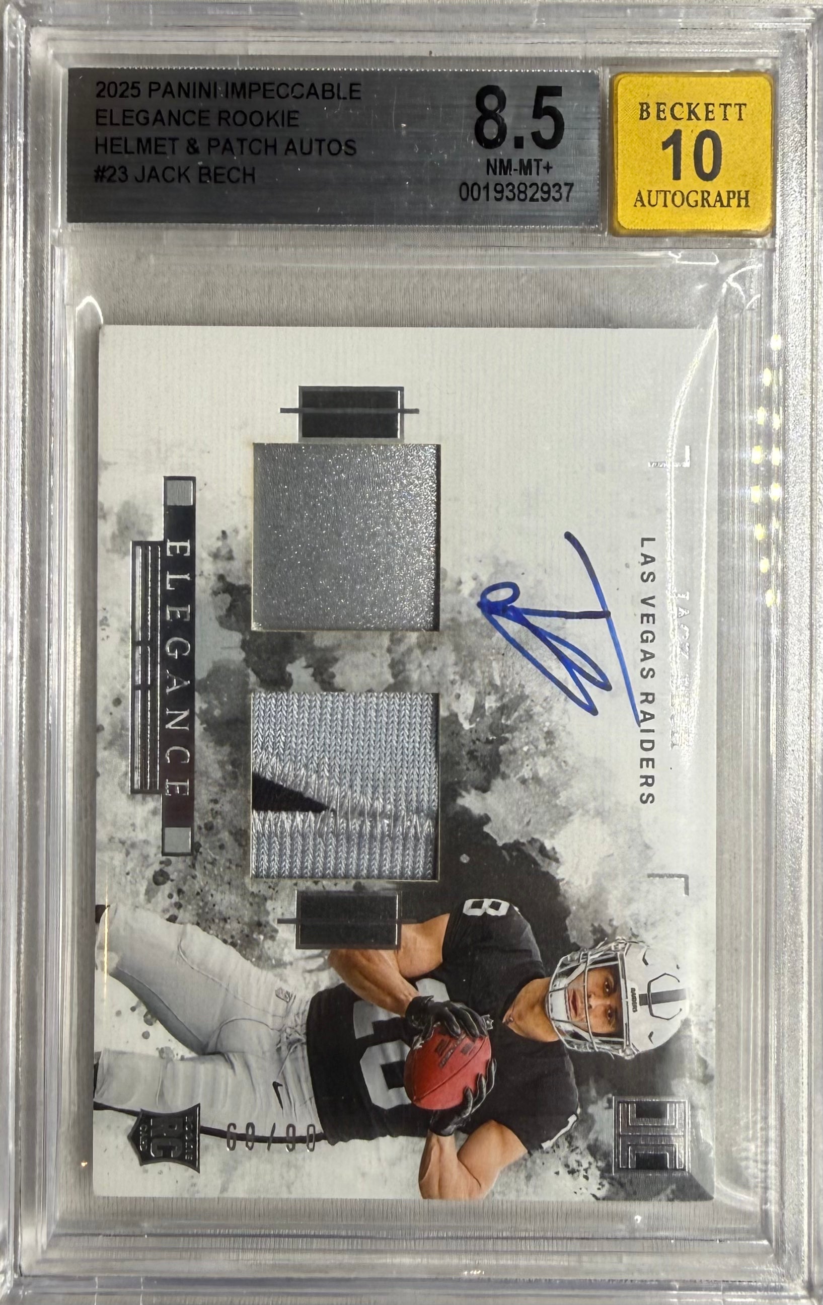 2025 Panini Impeccable Elegance Rookie Helmet & Patch Autos Jack Bech #23 BGS 8.5 Auto 10