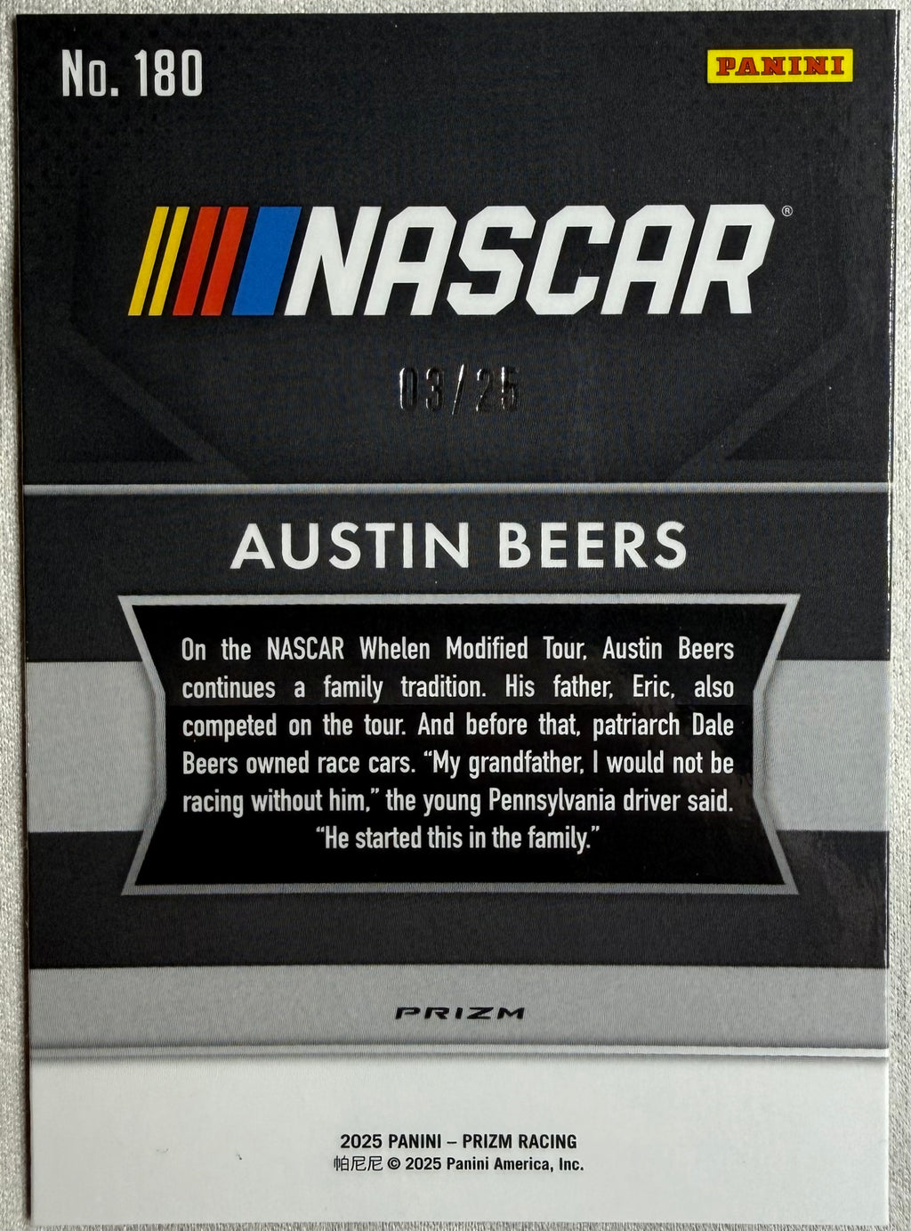 Austin Beers 2025 Prizm Racing Green Pulsar /25 #180