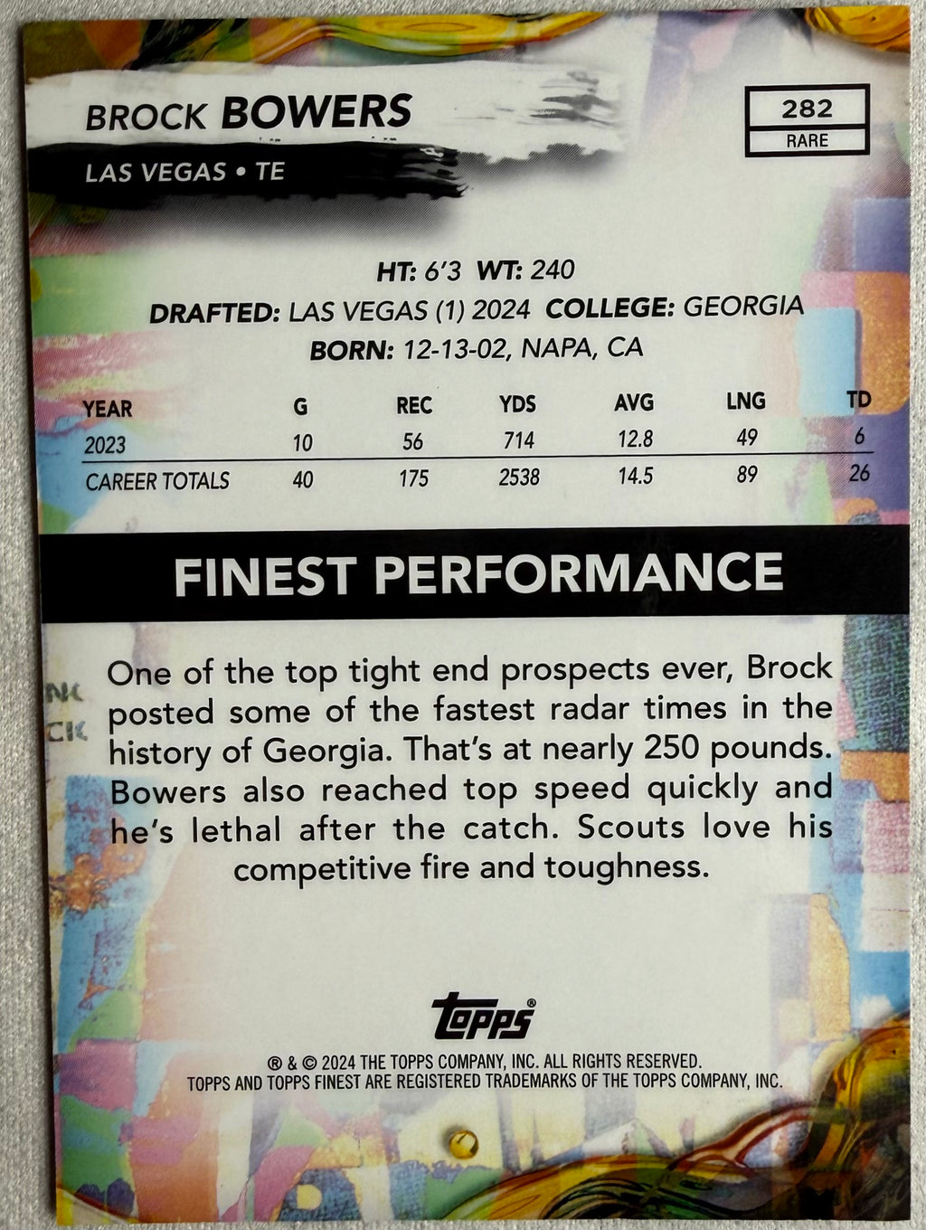 Brock Bowers 2024 Topps Finest Blue Refractor Rare /150 #282