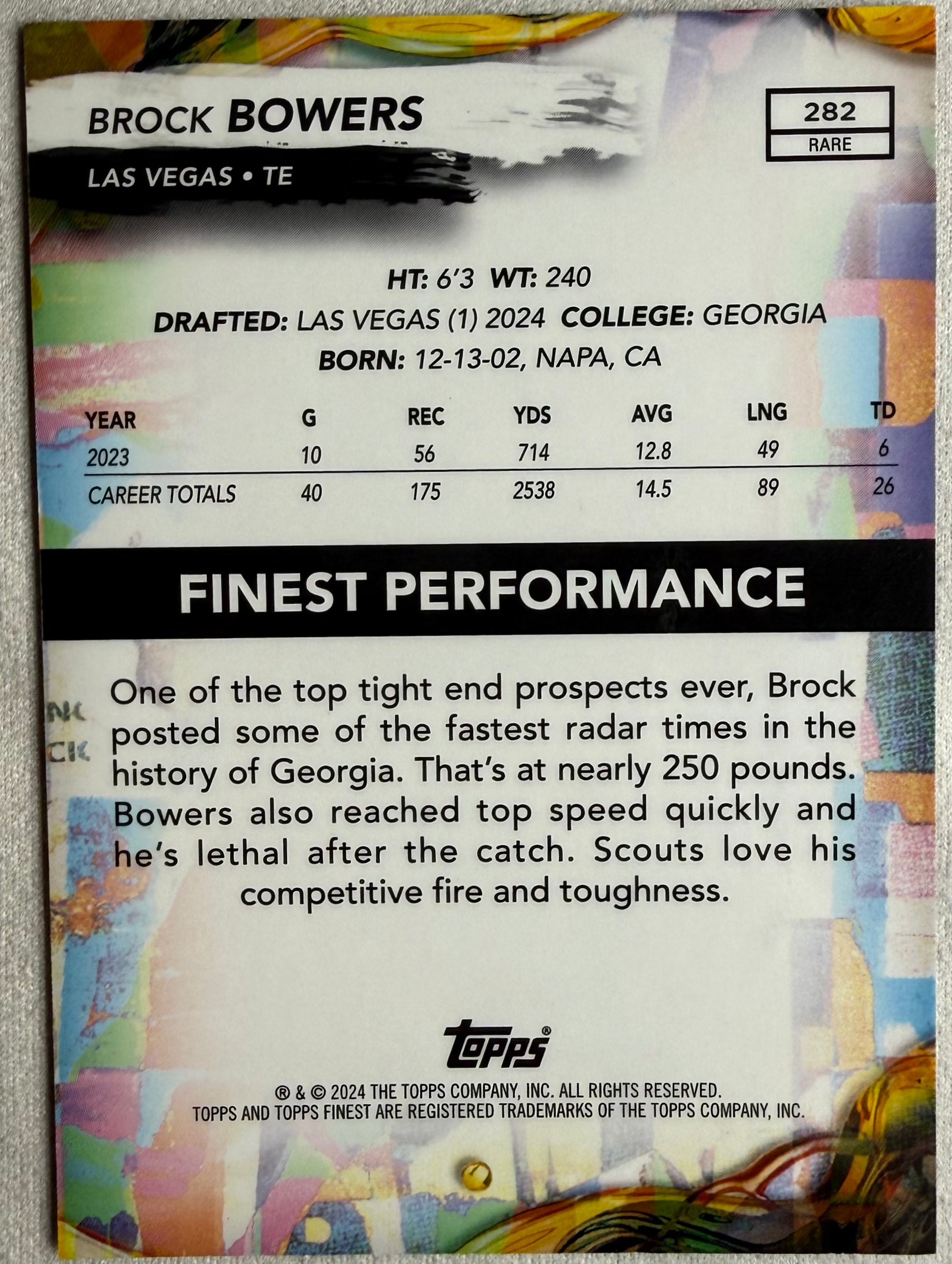 Brock Bowers 2024 Topps Finest Blue Refractor Rare /150 #282