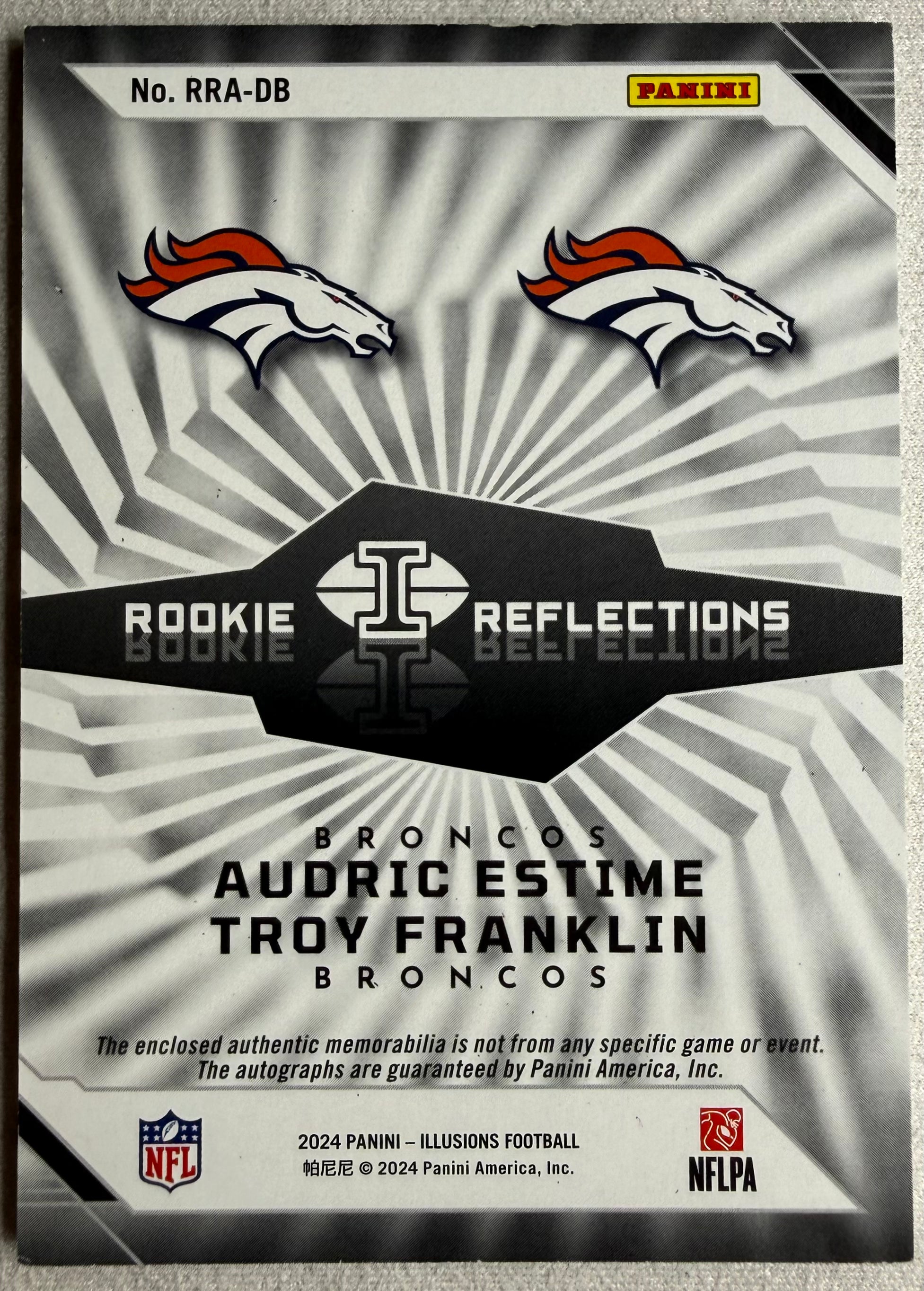 2024 Panini Illusions Rookie Reflections Dual Patch Auto /399 - Troy Franklin Audric Estime #RRA-DB