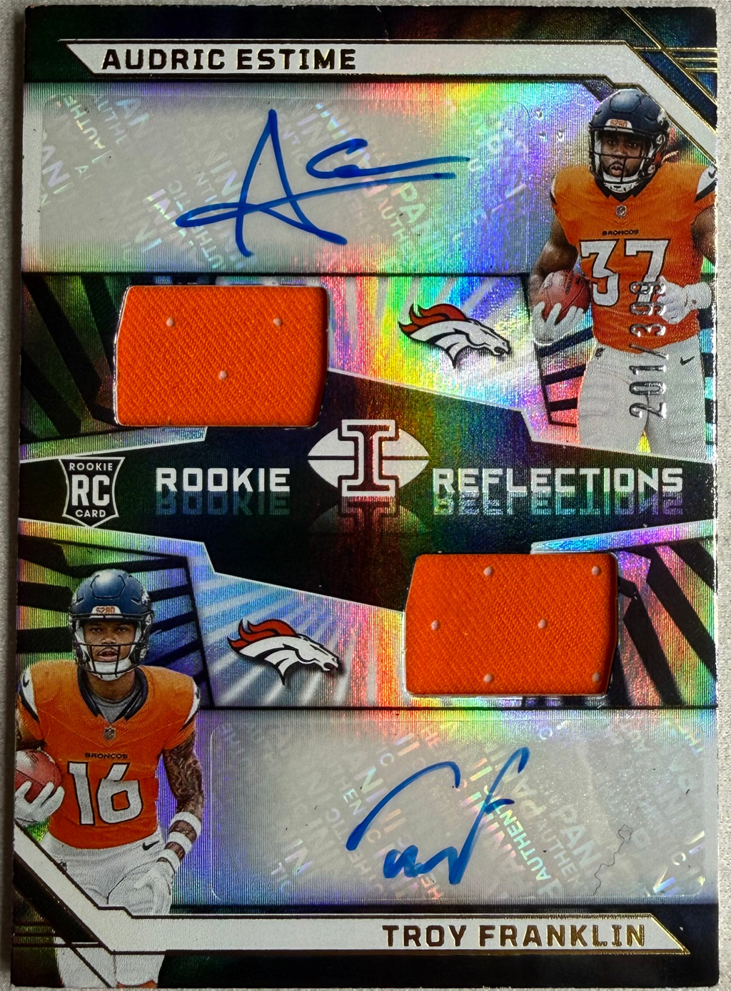 2024 Panini Illusions Rookie Reflections Dual Patch Auto /399 - Troy Franklin Audric Estime #RRA-DB