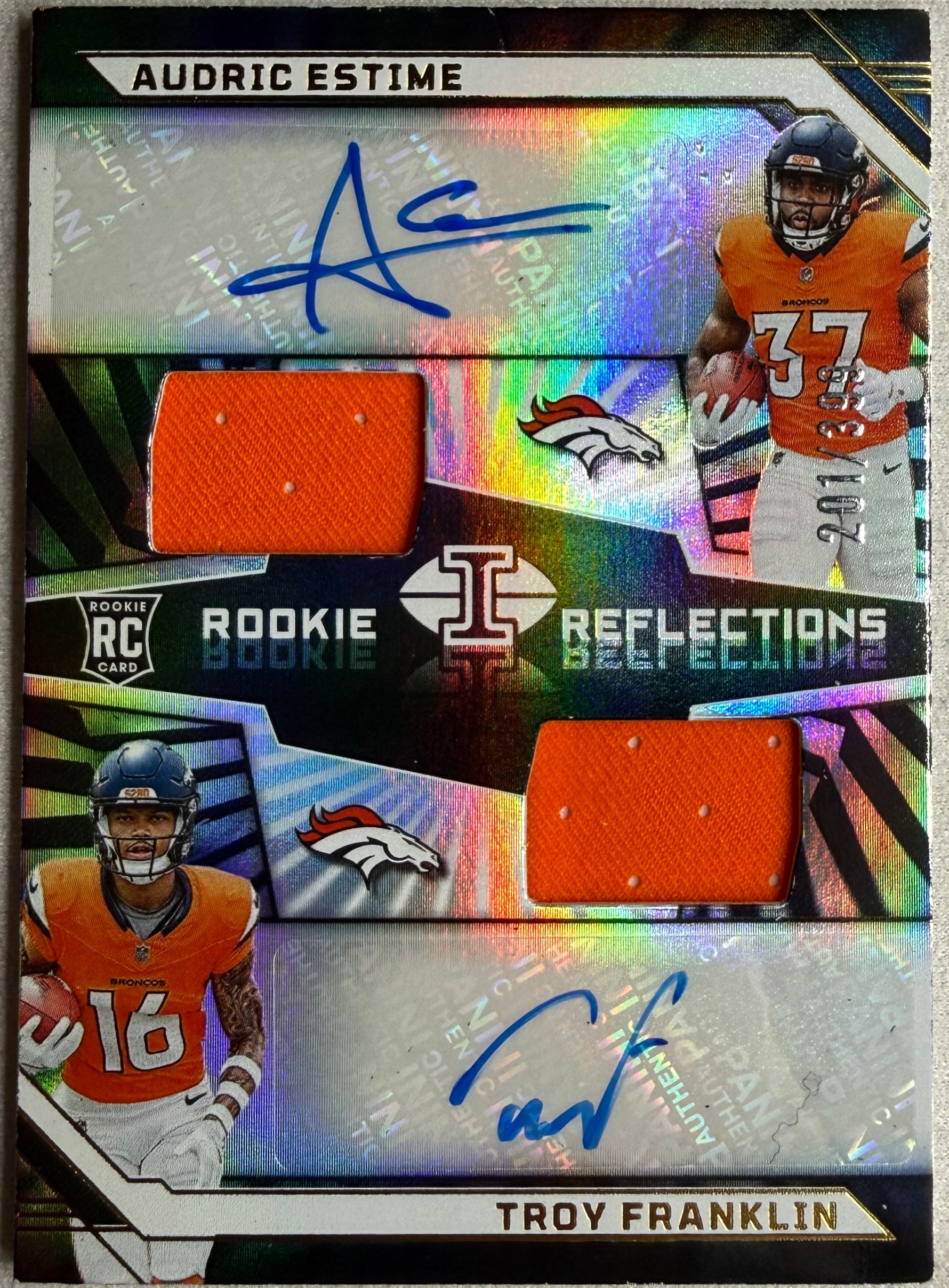 2024 Panini Illusions Rookie Reflections Dual Patch Auto /399 - Troy Franklin Audric Estime #RRA-DB