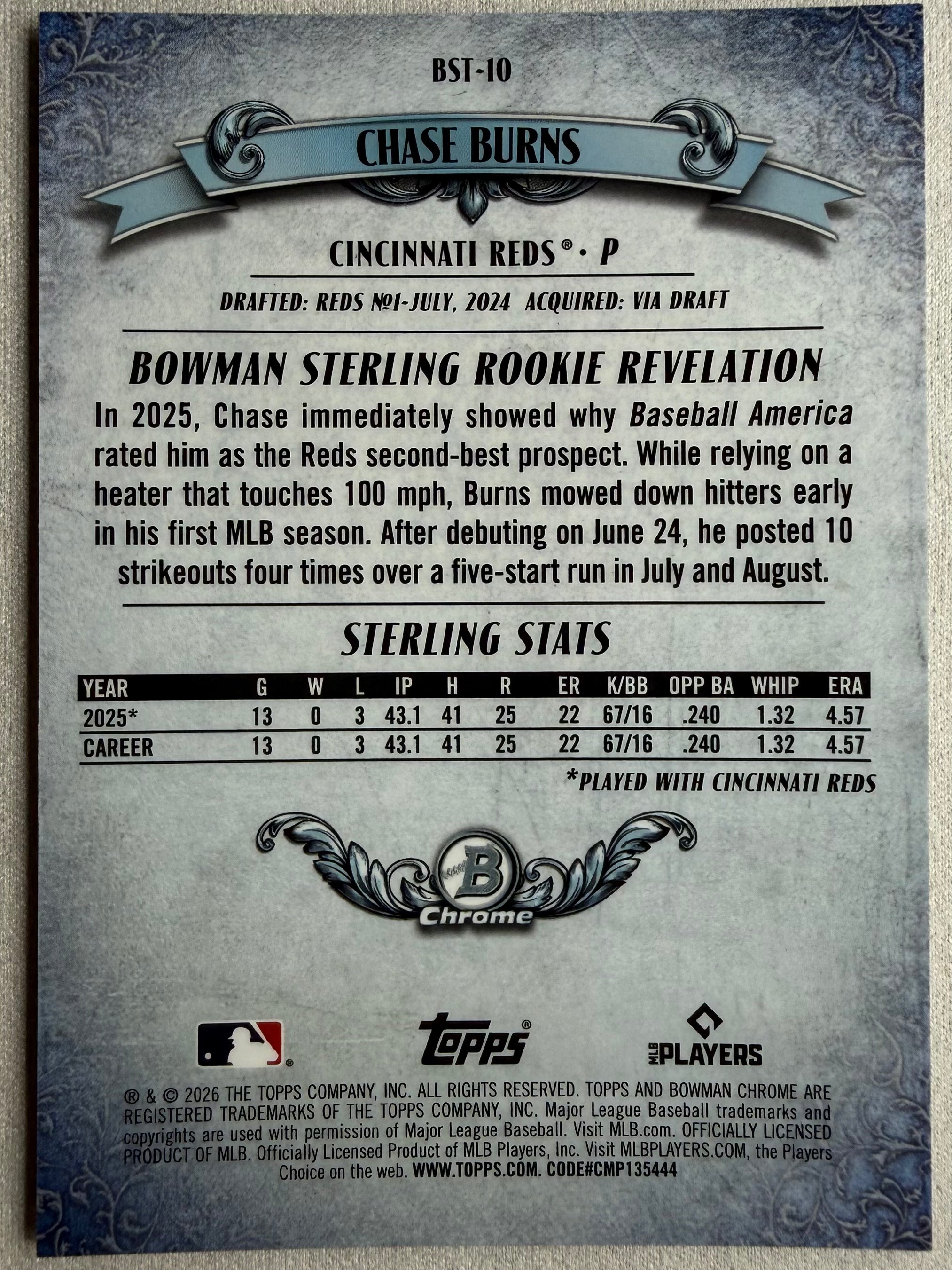 Chase Burns 2026 Bowman Chrome Sterling Mini Diamonds /150 #BST-10