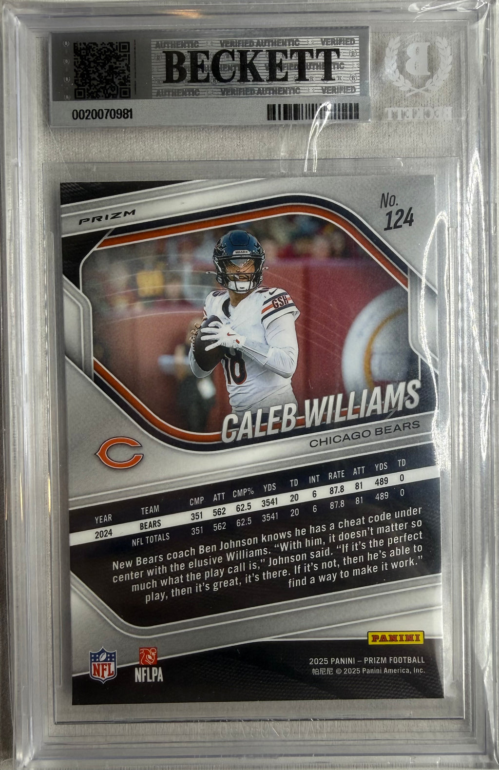 Caleb Williams 2025 Panini Prizm White Disco BGS NM-MT+ 8.5 #124