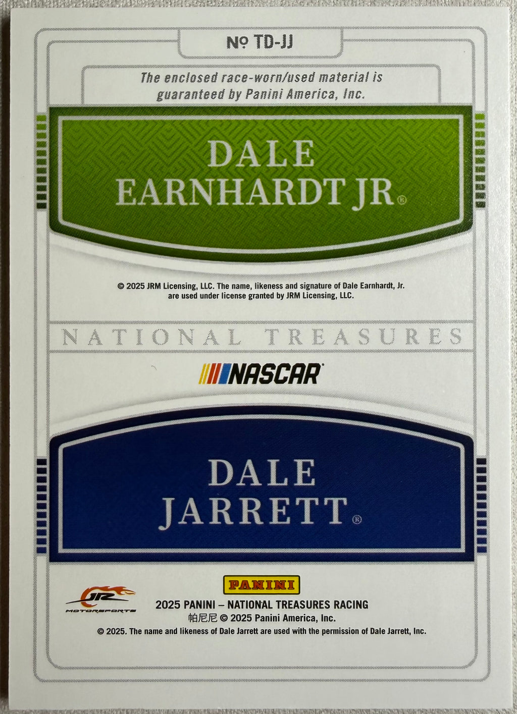 Dale & Jarrett Earnhardt 2025 National Treasures Racing Dual Relic /75 #TD-JJ