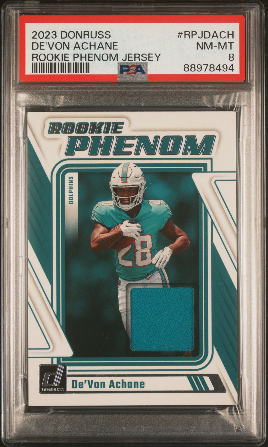 2023 Donruss Rookie Phenom Jersey Devon Achane #RPJ-DACH PSA 8
