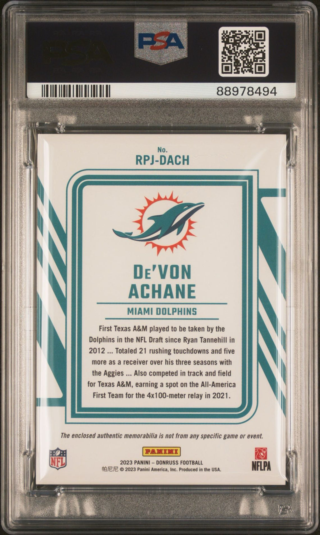 2023 Donruss Rookie Phenom Jersey Devon Achane #RPJ-DACH PSA 8