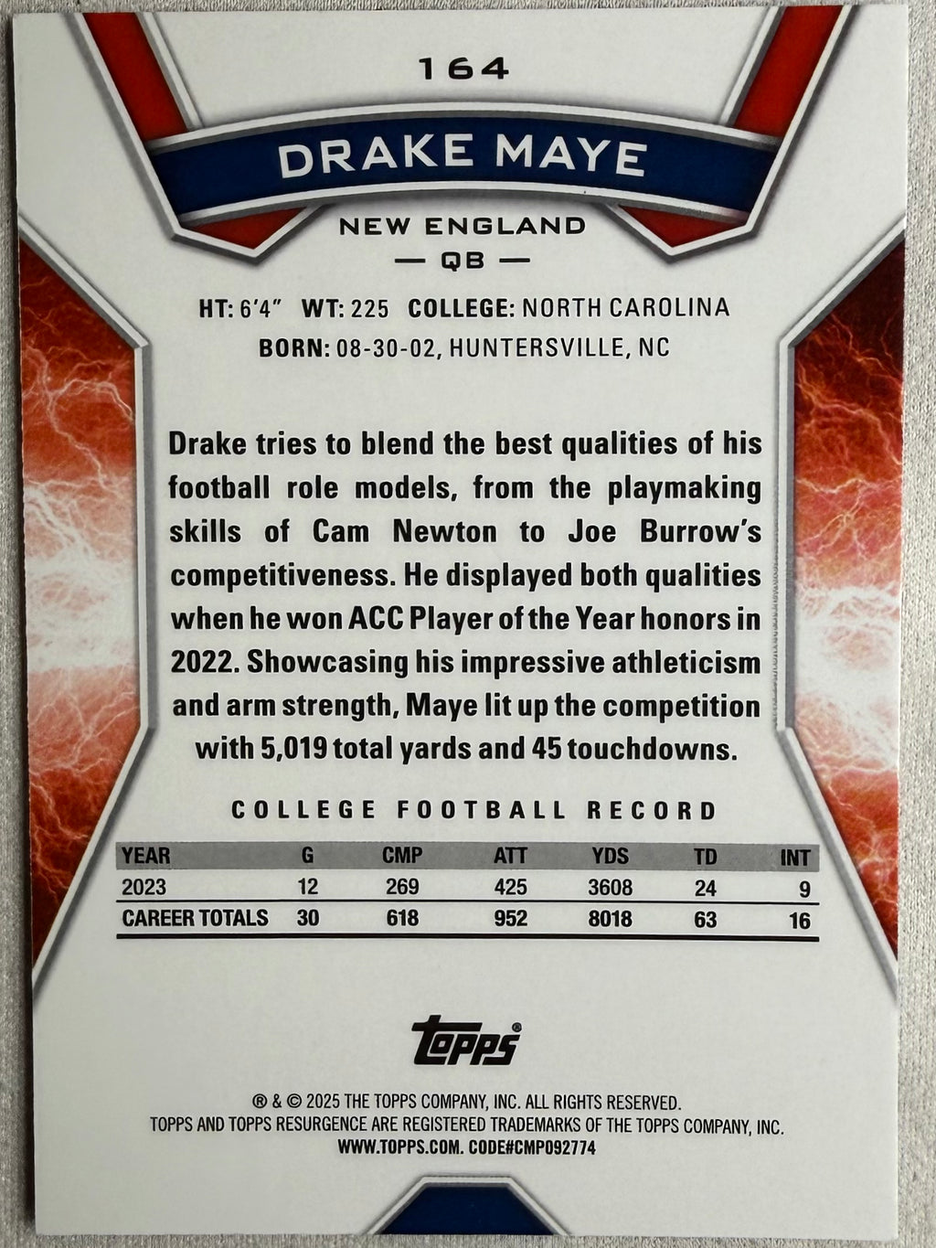 2025 Topps Resurgence Sky Blue and Pink Shock Drake Maye Rookie #164