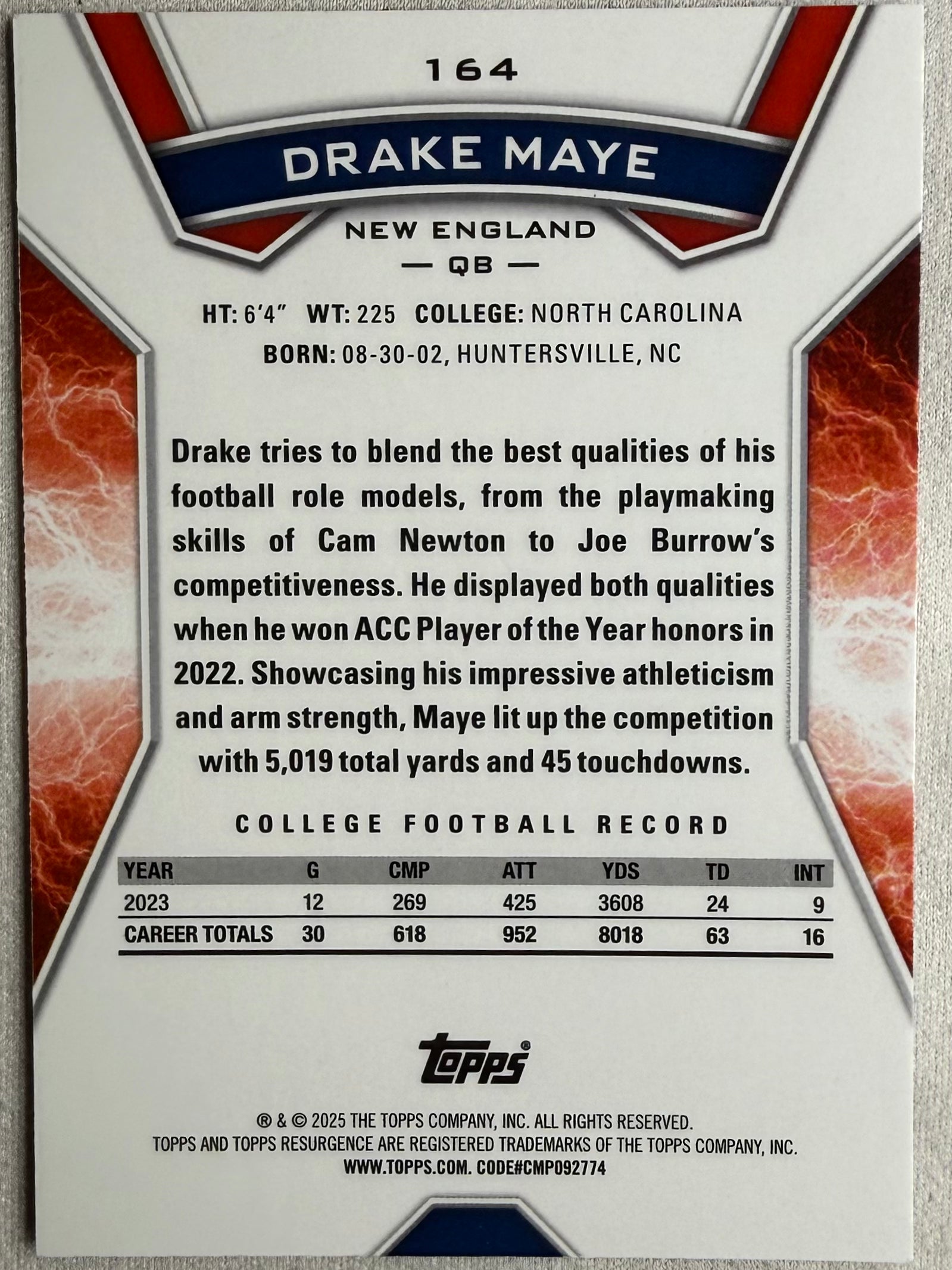 2025 Topps Resurgence Sky Blue and Pink Shock Drake Maye Rookie #164