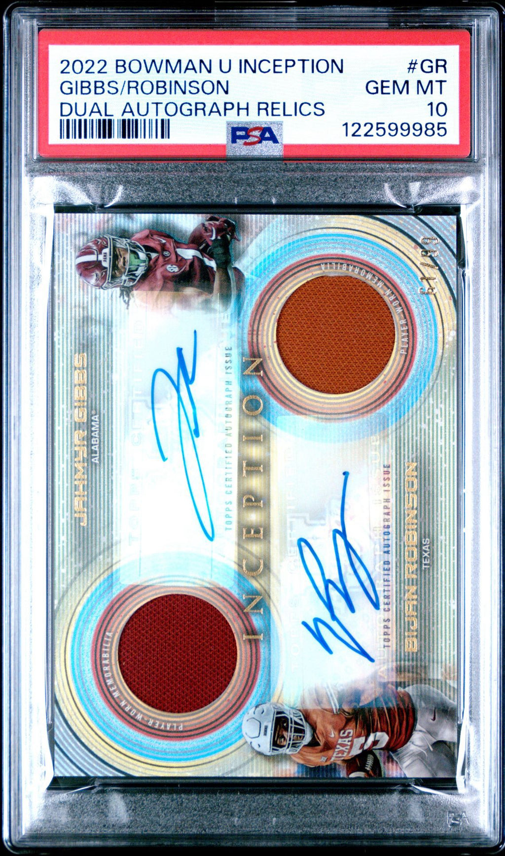 Gibbs/Robinson 2022 Bowman Inception Dual Autograph Relics /99 PSA GEM MT 10 #DADR-GR