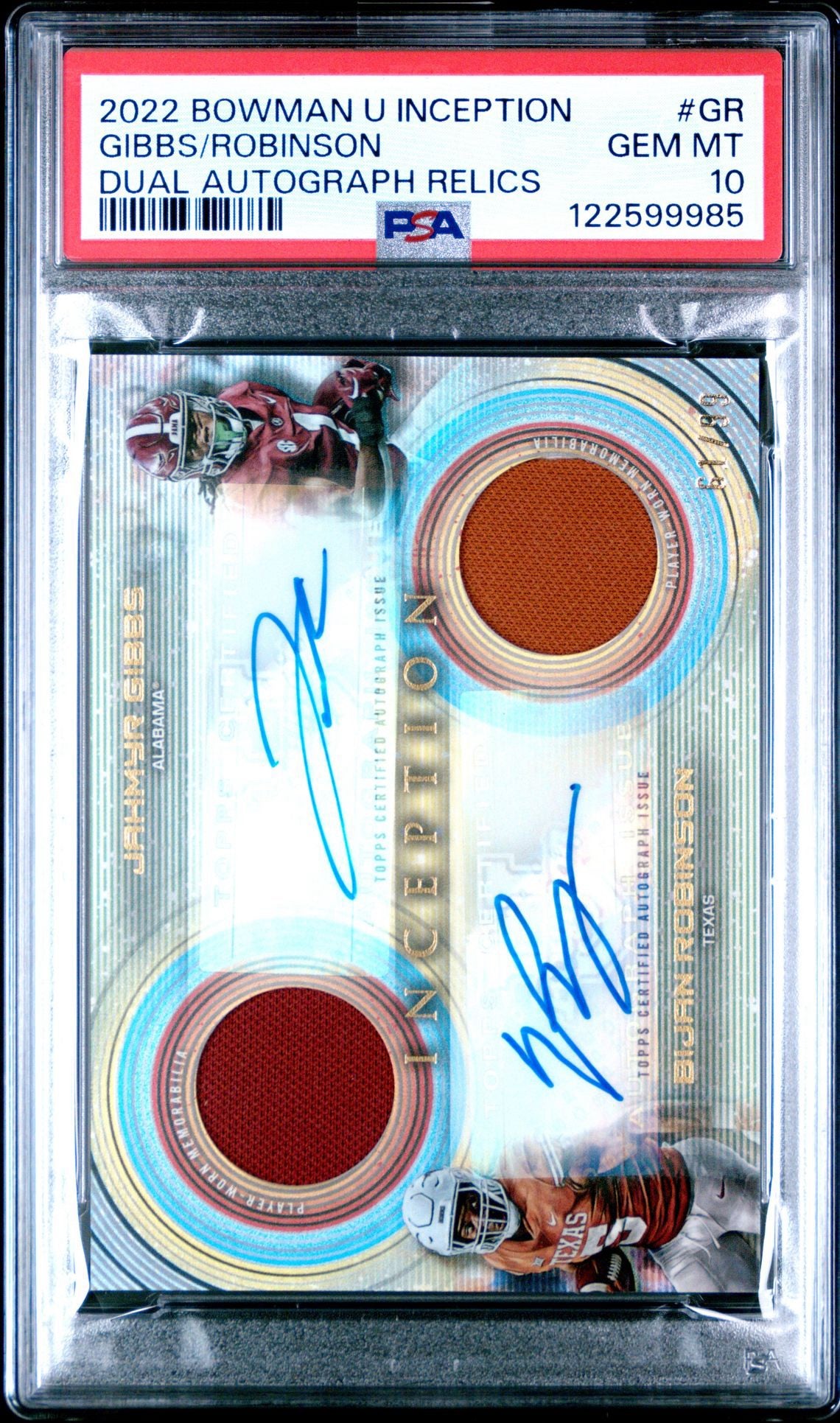 Gibbs/Robinson 2022 Bowman Inception Dual Autograph Relics /99 PSA GEM MT 10 #DADR-GR