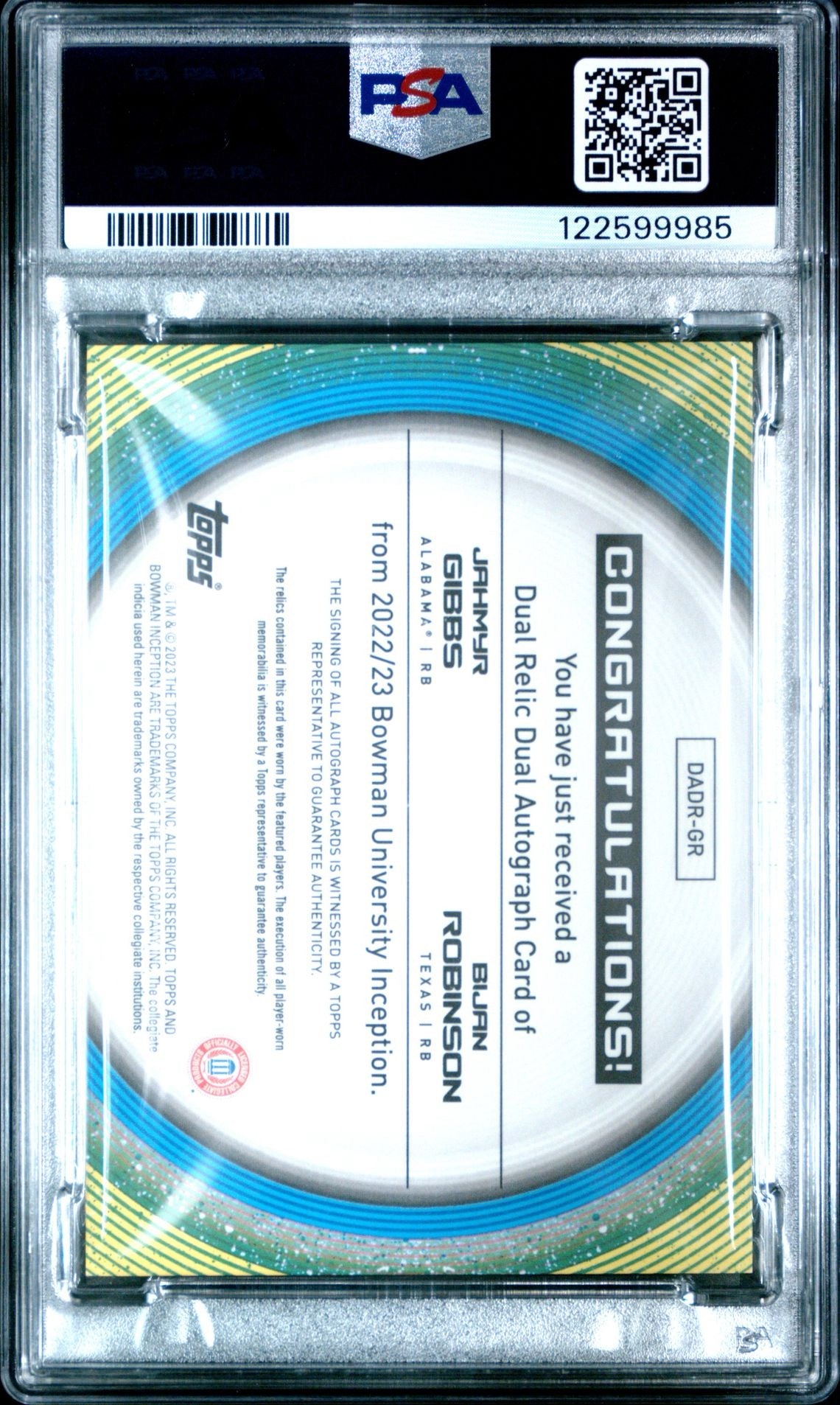 Gibbs/Robinson 2022 Bowman Inception Dual Autograph Relics /99 PSA GEM MT 10 #DADR-GR