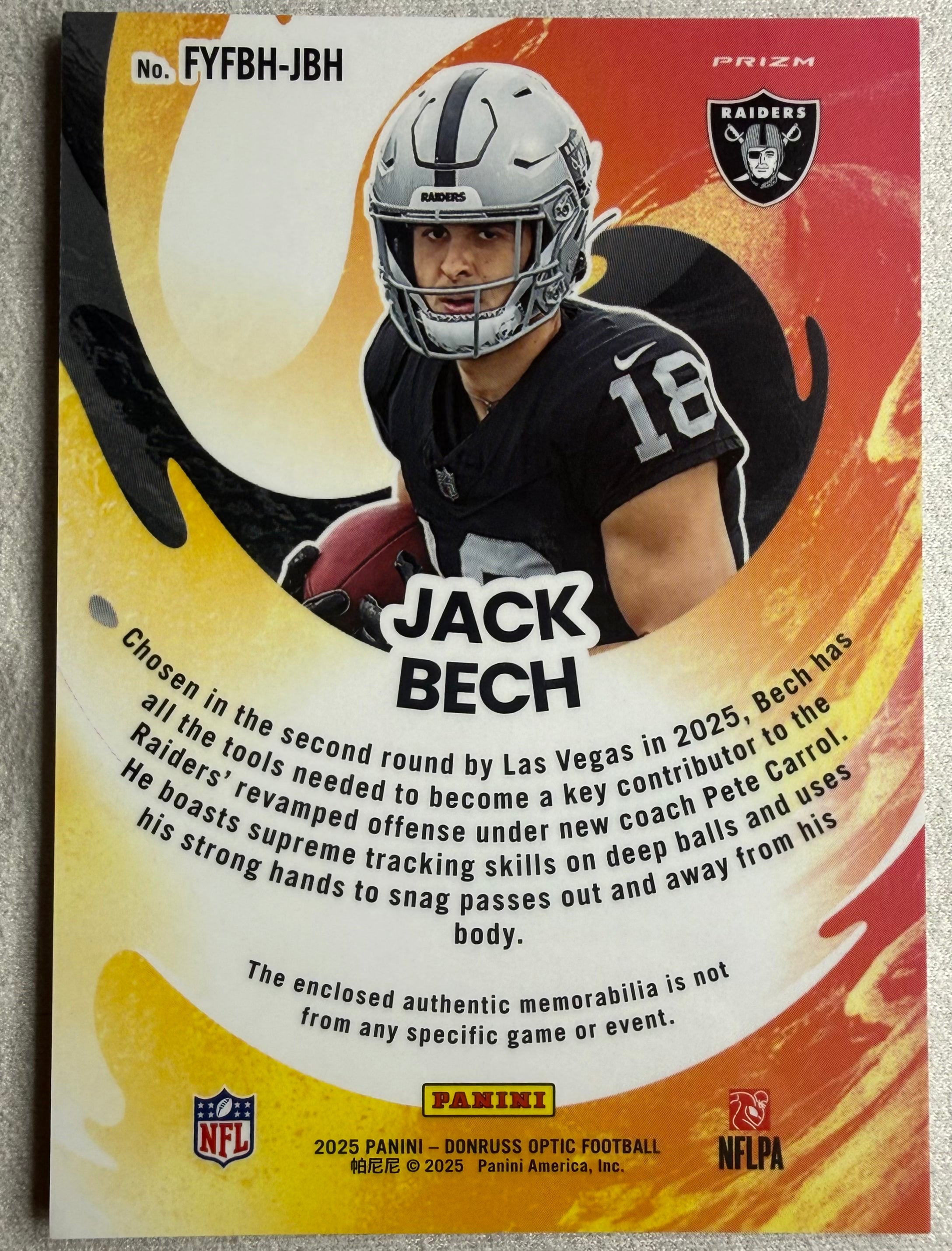 Jack Bech 2025 Donruss Optic First Year Fresh Rookie Patch #FYFBH-JBH