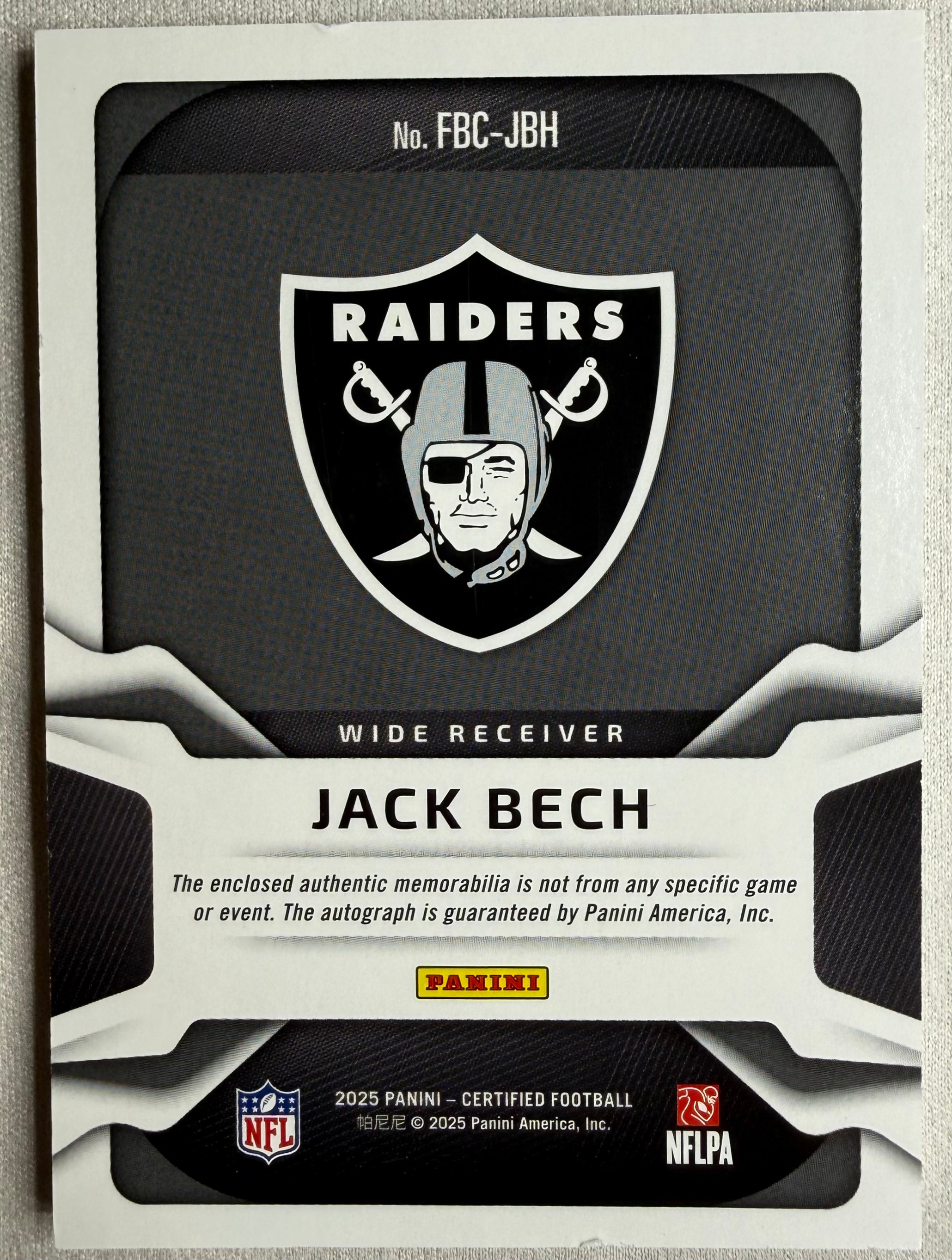Jack Bech 2025 Certified Football Pink FOTL Rookie Patch Auto /35 #FBC-JBH