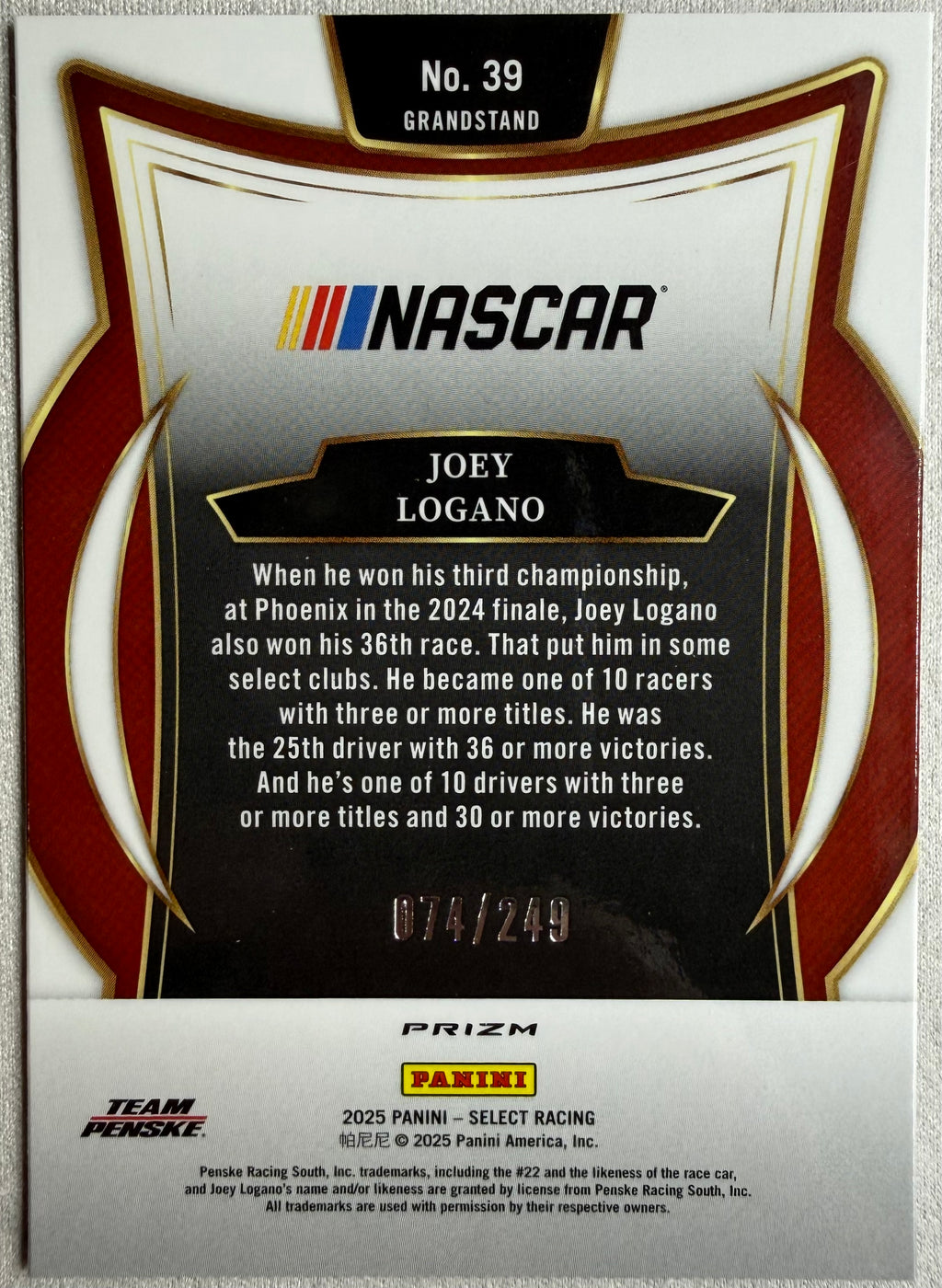 Joey Logano 2025 Select Racing Grandstand Red White Blue Prizm /249