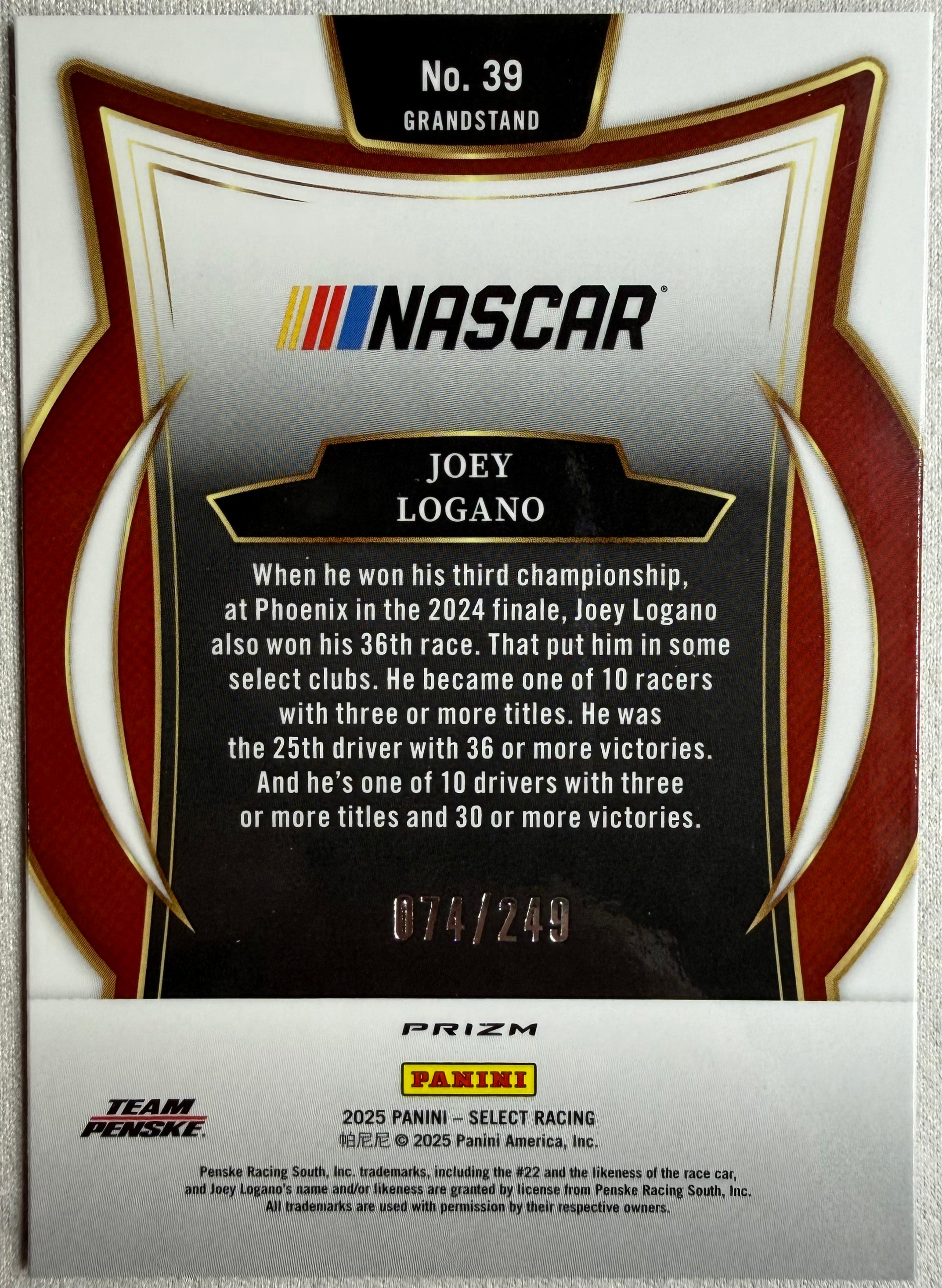 Joey Logano 2025 Select Racing Grandstand Red White Blue Prizm /249