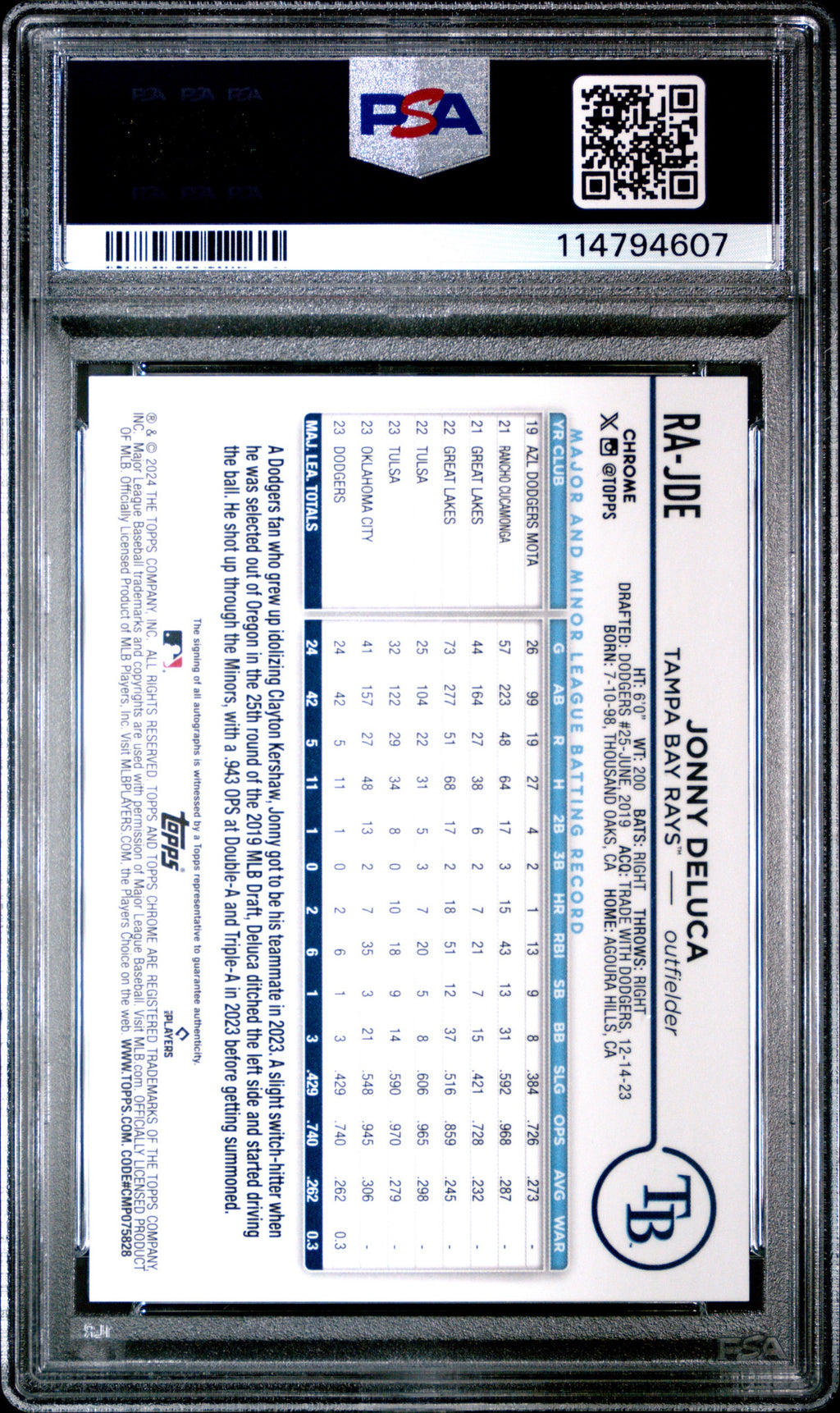 Jonny Deluca 2024 Topps Chrome Rookie Auto-Aqua Wave PSA GEM MT 10 #RAJDE