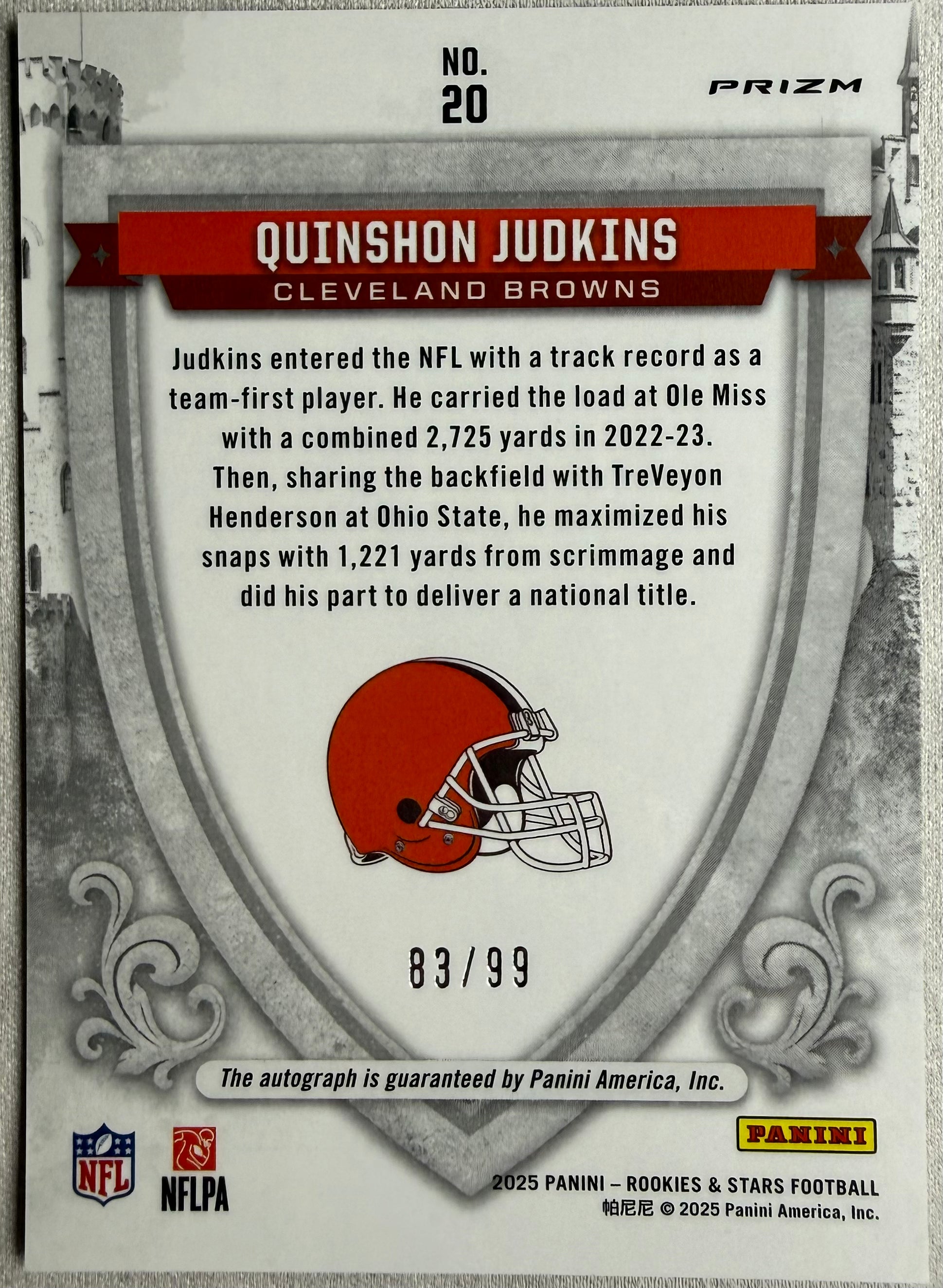 Quinshon Judkins 2025 Rookies and Star Crusades Rookie Autograph /99 #20