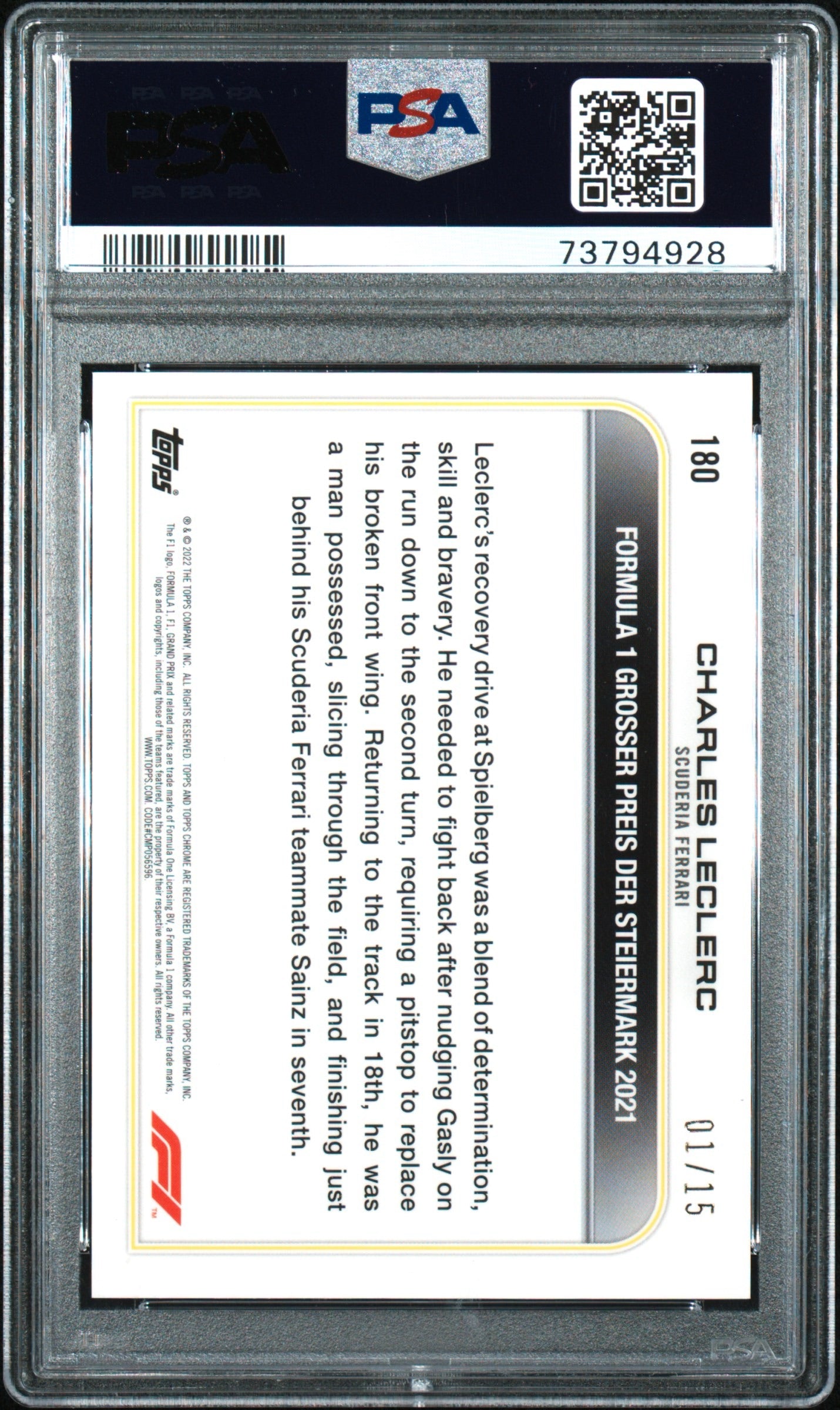 Charles Leclerc 2022 Topps Chrome F1 Saphire Black & White PSA GEM MT 10 #180