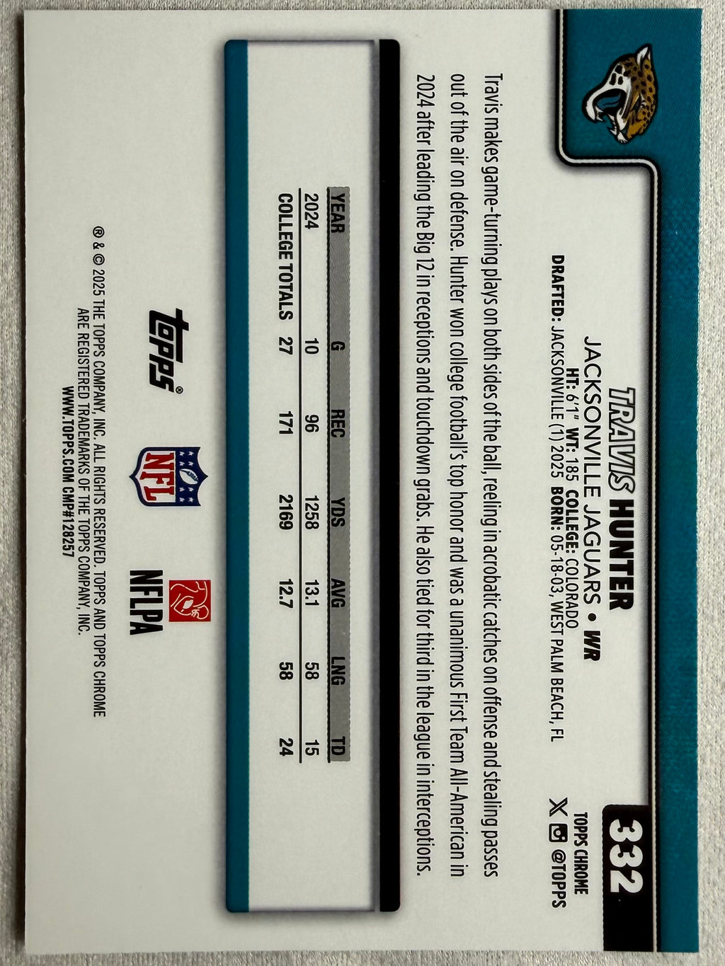 2025 Topps Chrome Lime Green X-Fractor Travis Hunter #332