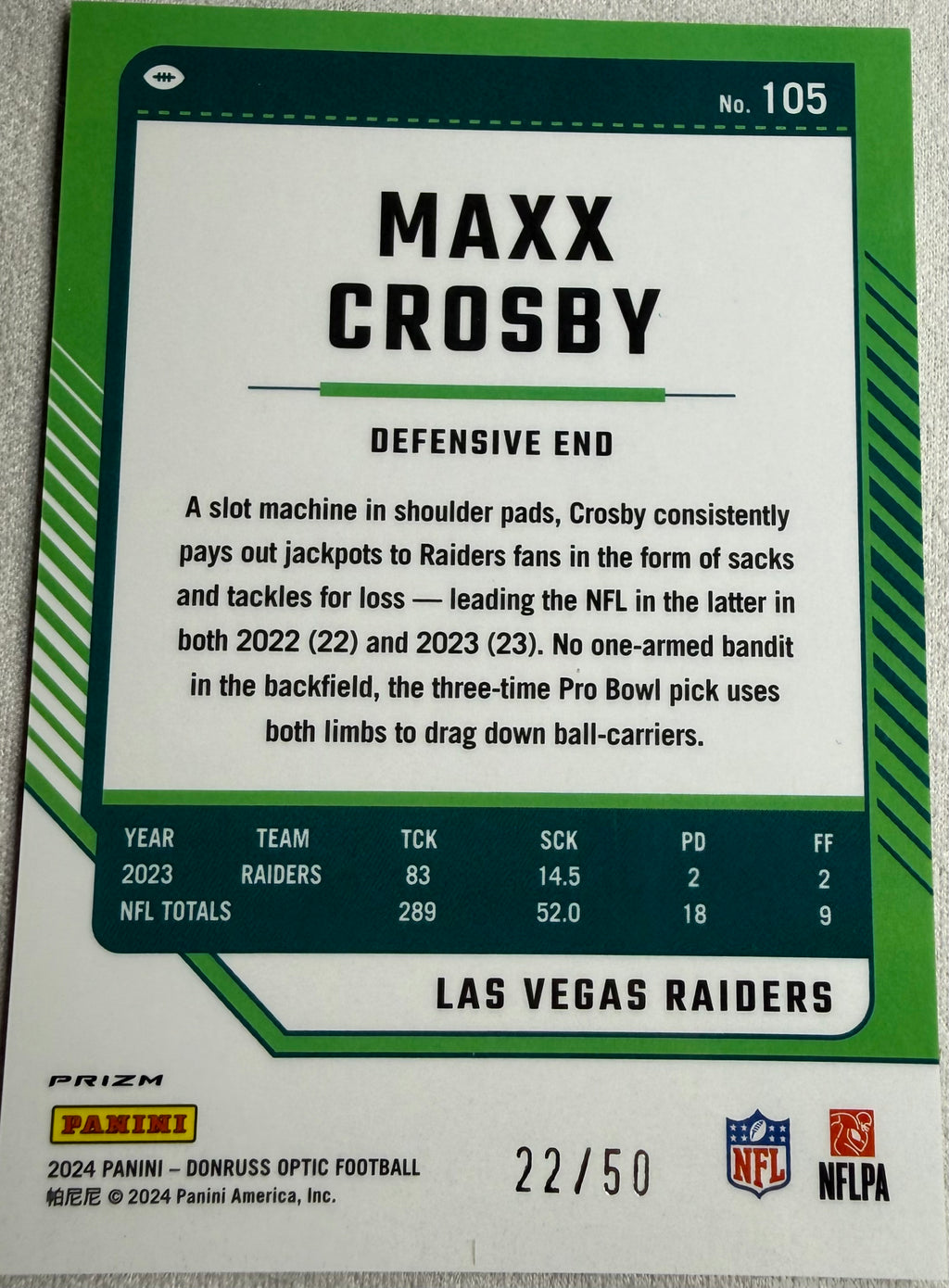 2024 Panini Donruss Optic Lime Green Maxx Crosby /50 #105