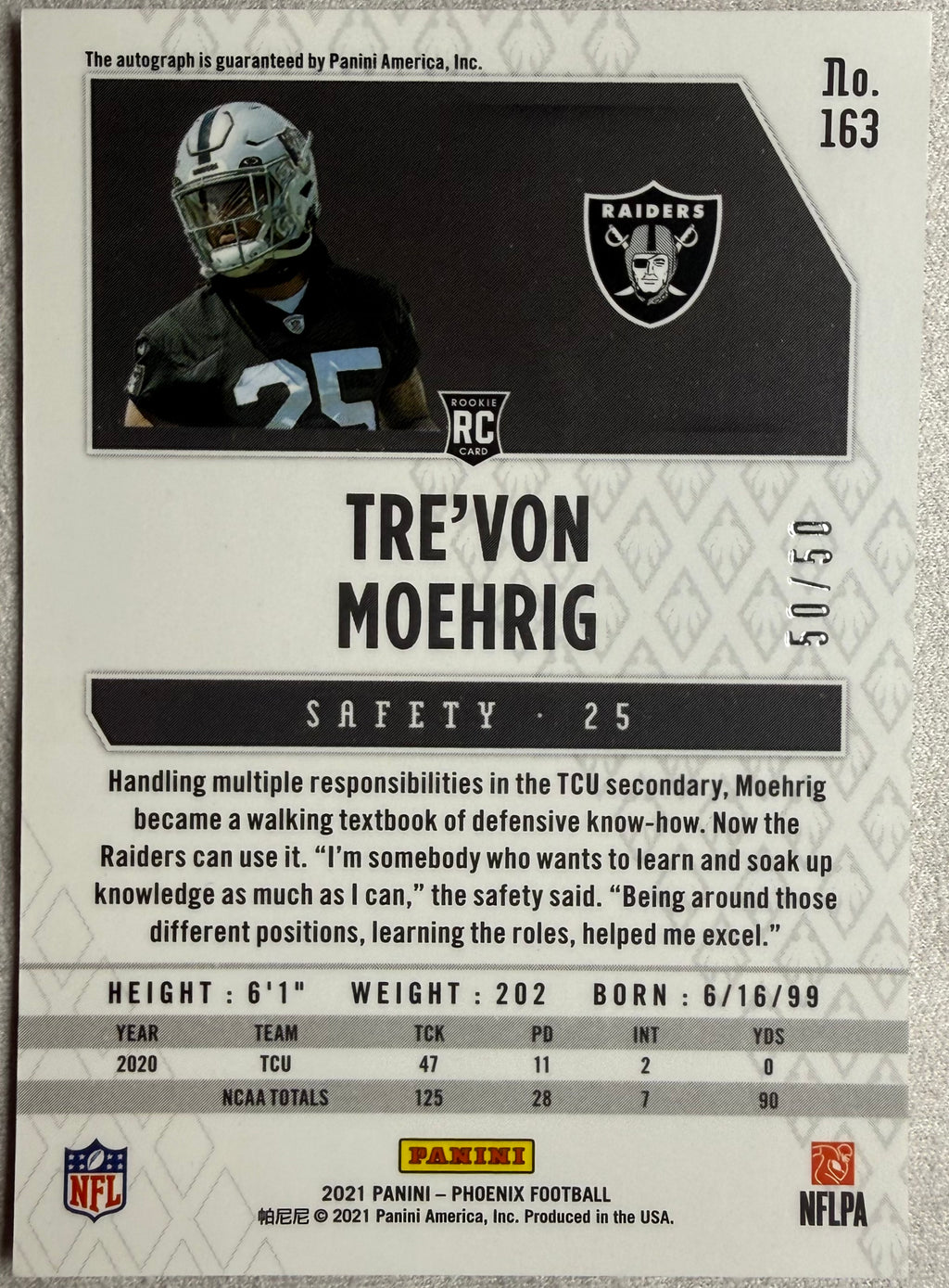 Tre'Von Moehrig 2021 Phoenix Rookie Auto /50 #163