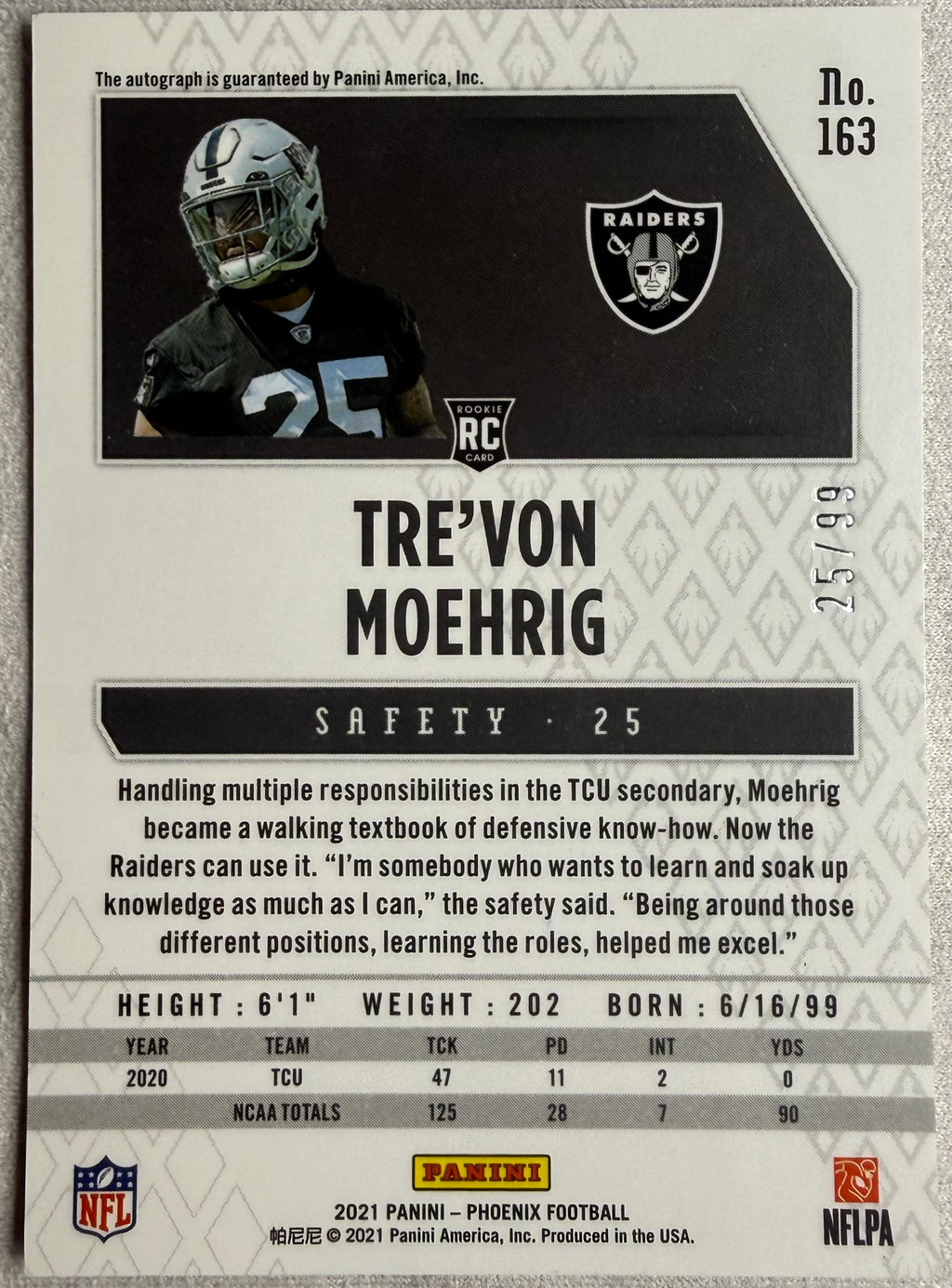 Tre'Von Moehrig 2021 Phoenix Rookie Auto /99 #163