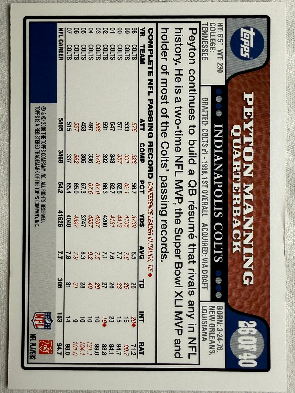 2008 Topps Peyton Manning 26 of 40