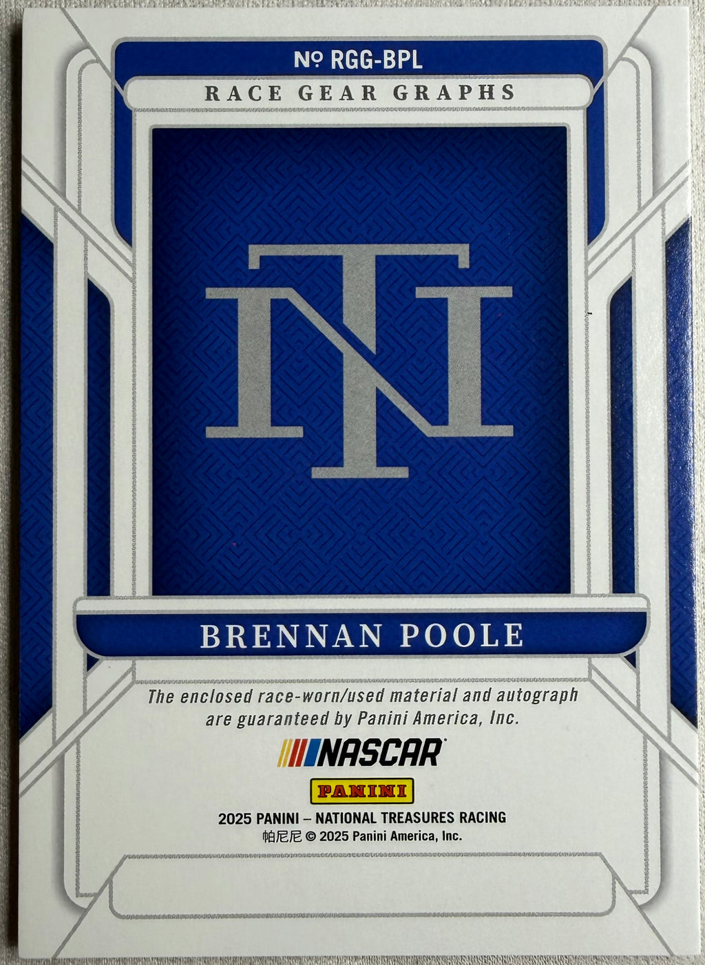 Brennan Poole 2025 National Treasures Racing Race Gear Graphs Patch Auto /75