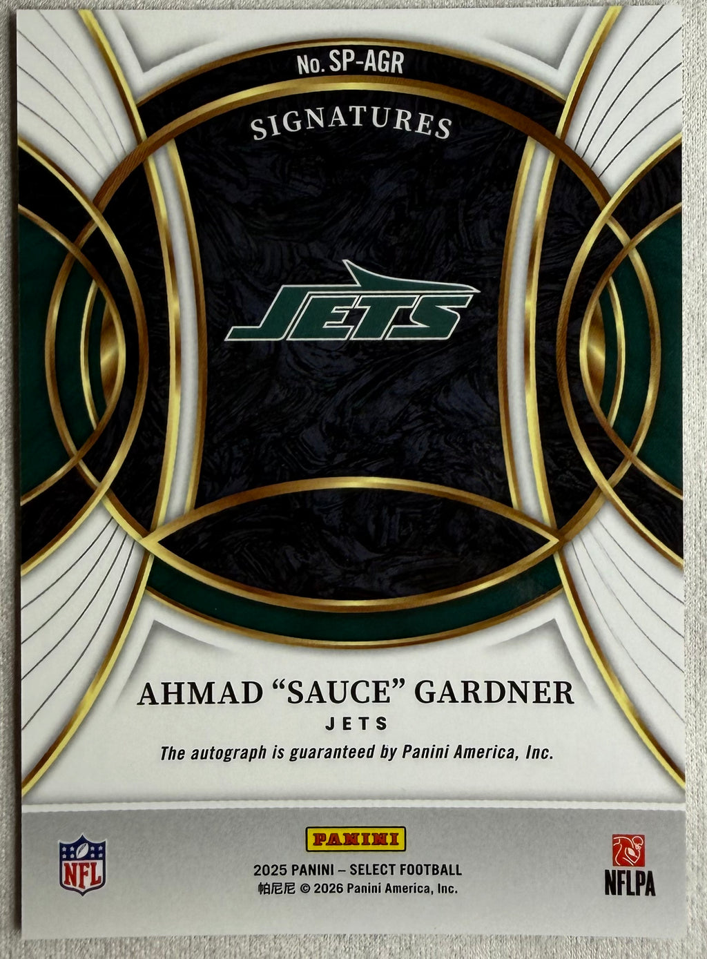 2025 Panini Select Signatures Auto Ahmad "Sauce" Gardner #SP-AGR