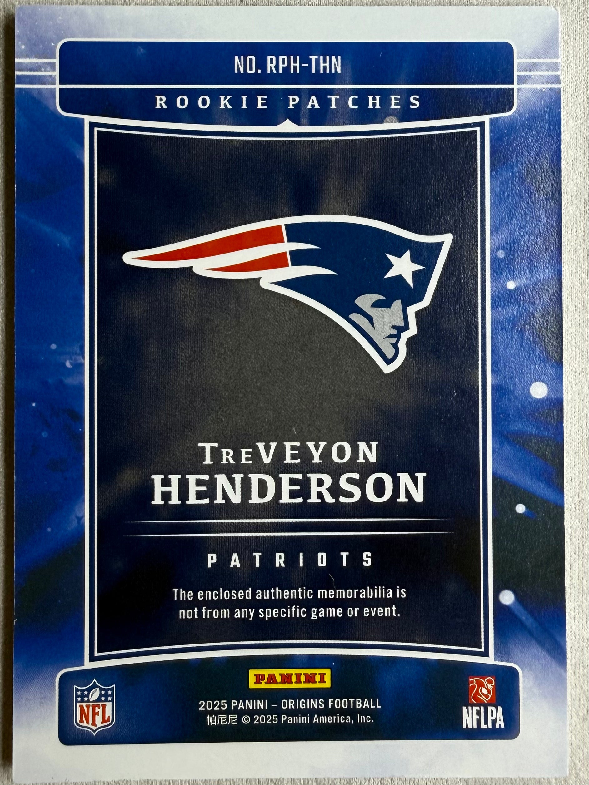 2025 Panini Origins Rookie Patches Treveyon Henderson /199 #RPH-THIN