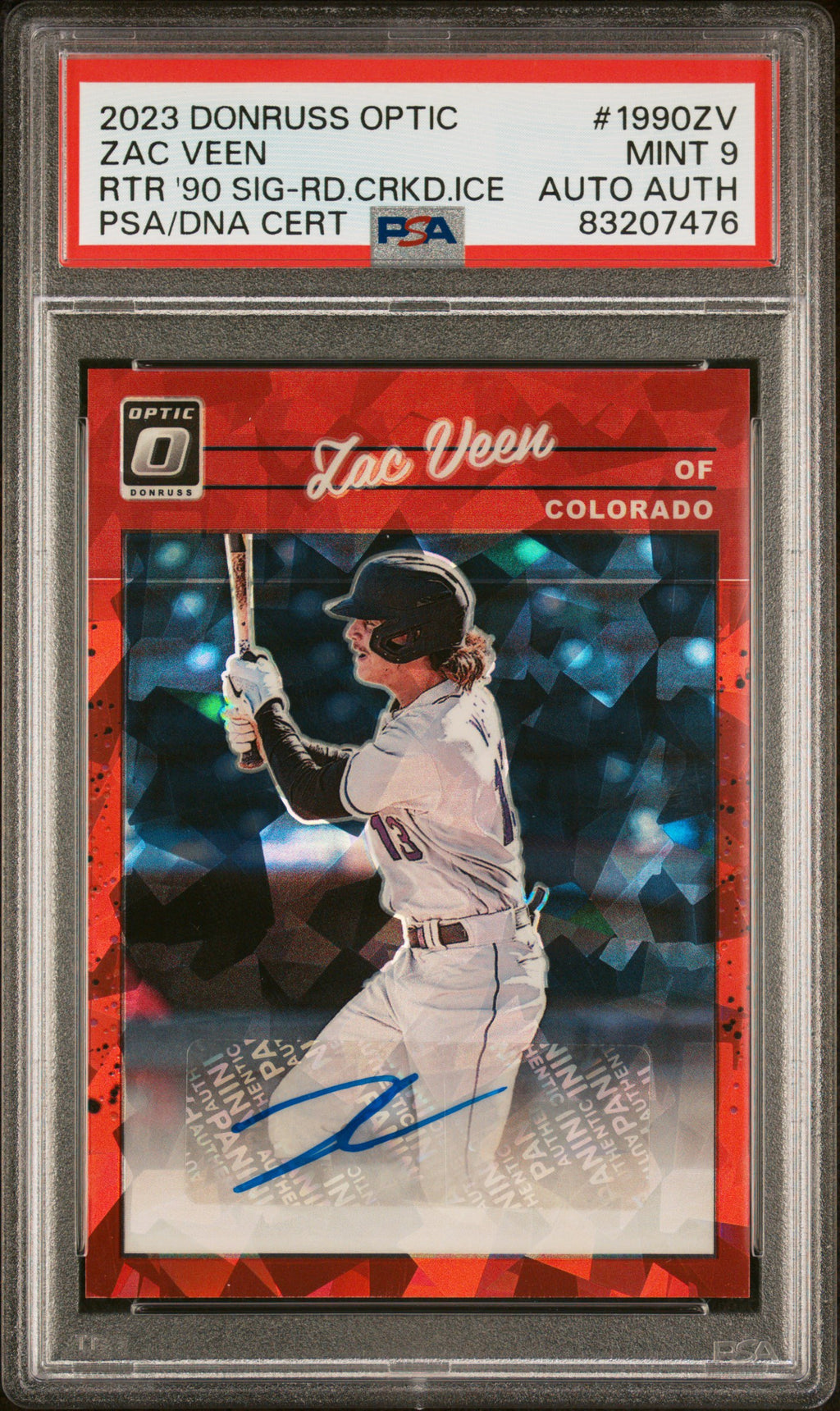 Zac Veen 2023 Donruss Optic RTR '90 SIG-RD.CRKD.ICE PSA MINT 9 AUTO AUTH #1990ZV