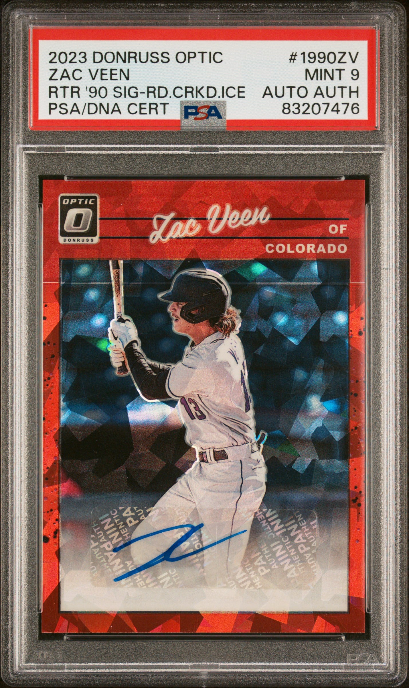 Zac Veen 2023 Donruss Optic RTR '90 SIG-RD.CRKD.ICE PSA MINT 9 AUTO AUTH #1990ZV