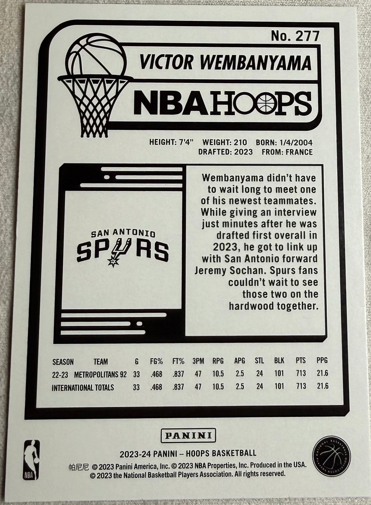 2023-24 Panini Hoops Victor Wembanyama #277