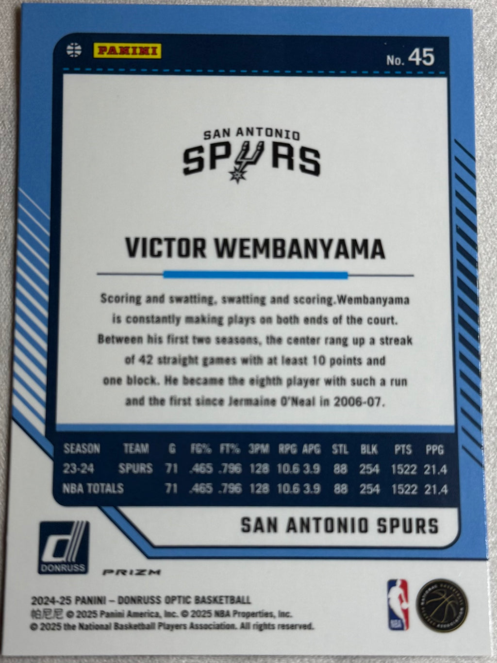 2024-25 Panini Donruss Optic Holo Victor Wembanyama #45