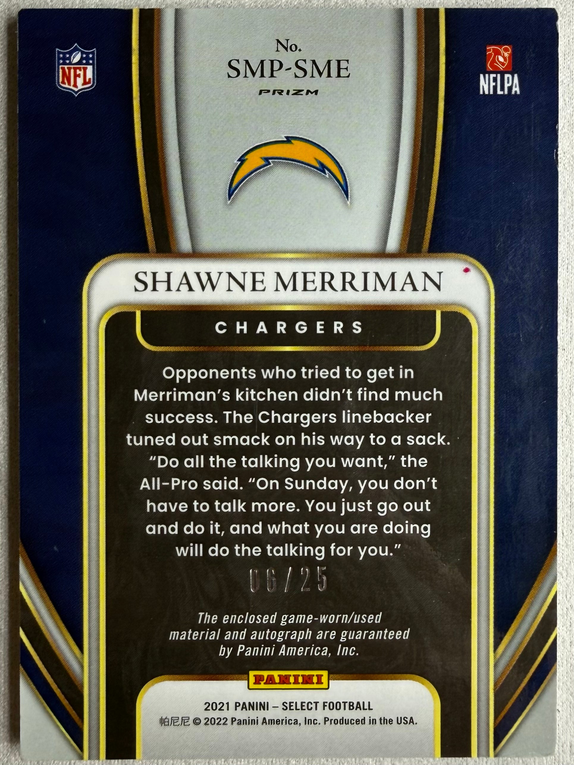 2021 Panini Select Tie Dye Patch Auto Shawne Merriman /25 #SMP-SME