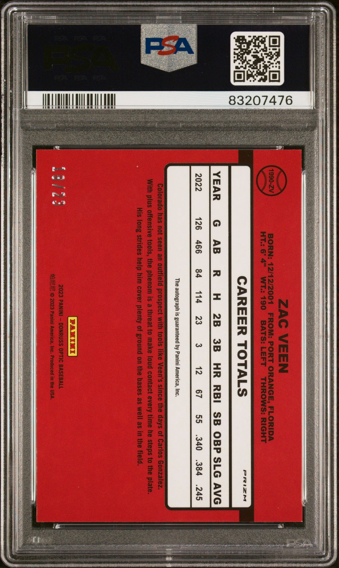 Zac Veen 2023 Donruss Optic RTR '90 SIG-RD.CRKD.ICE PSA MINT 9 AUTO AUTH #1990ZV